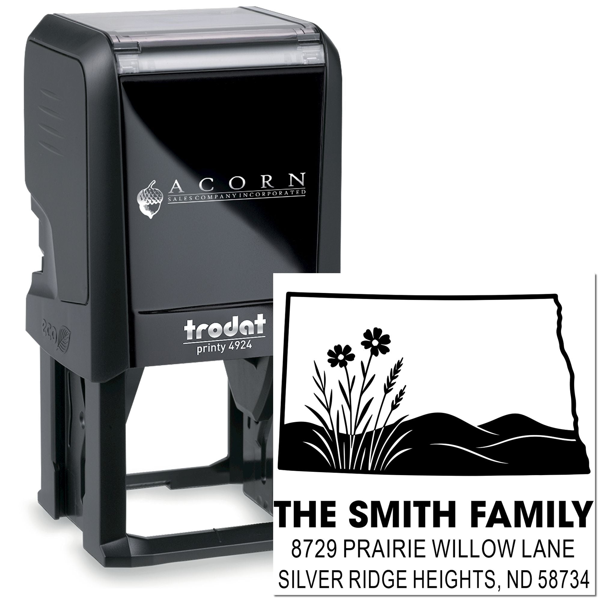 Personalized Trodat Printy 4924 self-inking rubber stamp with The Smith Family address and floral landscape design.
