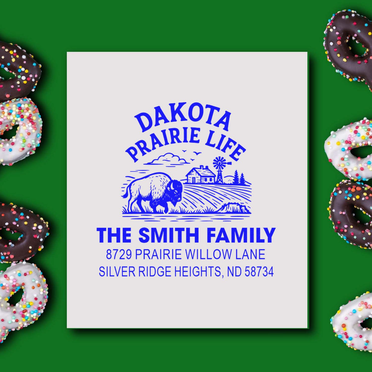 Custom address rubber stamp with Dakota Prairie Life design, The Smith Family name, and North Dakota address in blue.