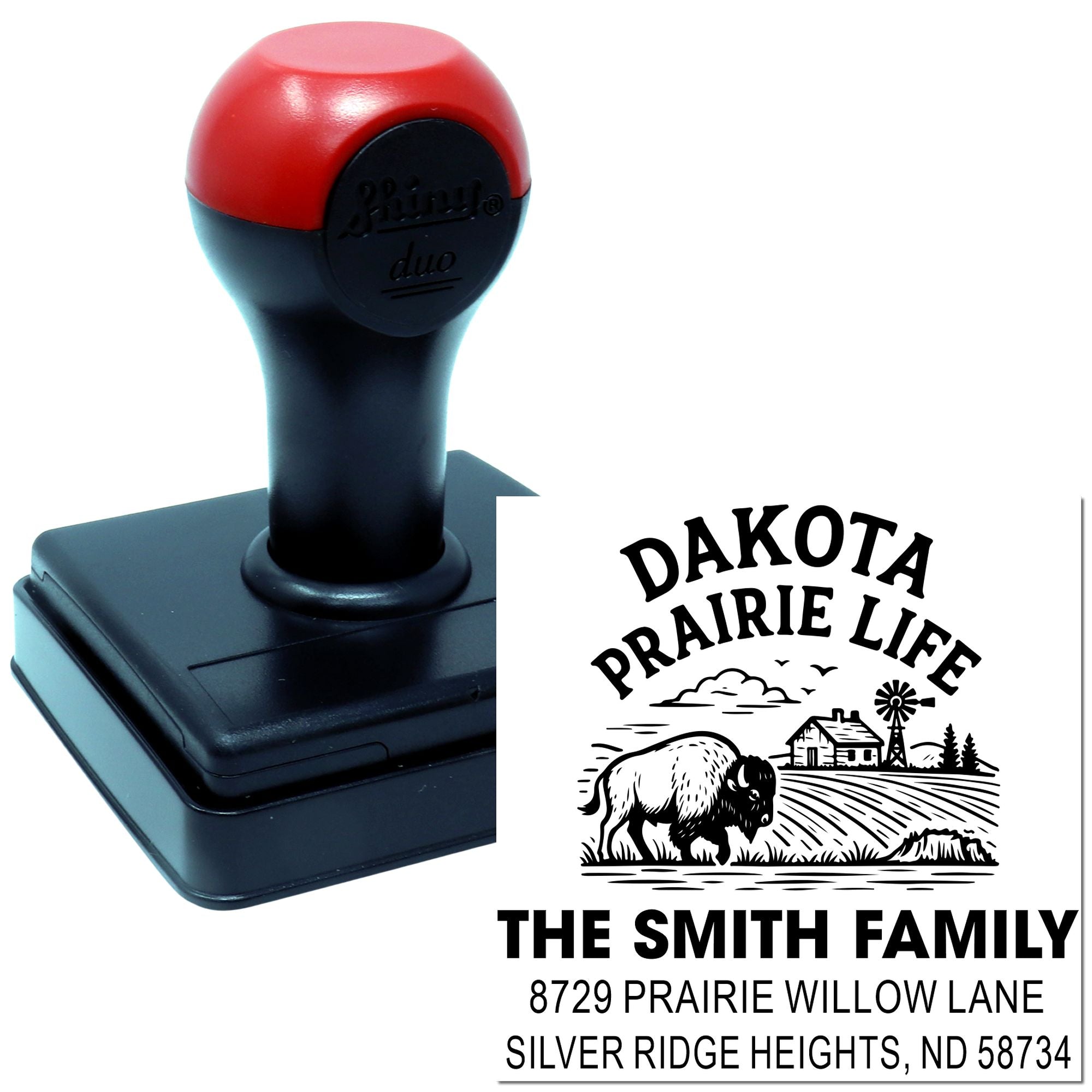 Custom self-inking rubber stamp featuring a personalized Dakota Prairie Life family address design for The Smith Family.
