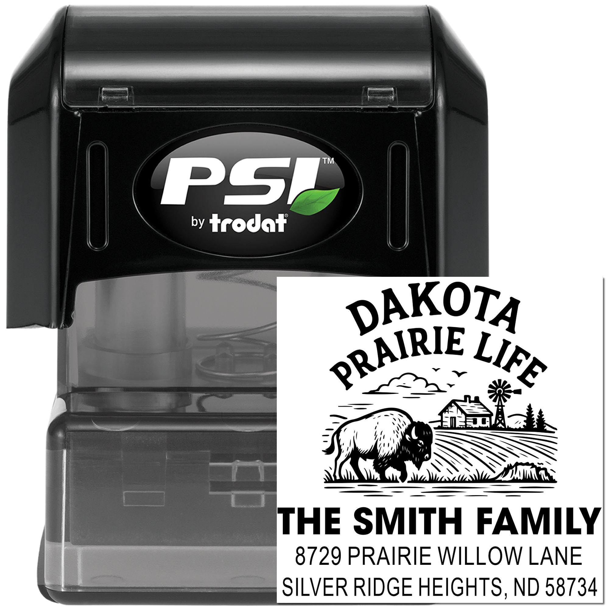 PSI by Trodat self-inking rubber stamp with custom Dakota Prairie Life address design for personalized family mail.