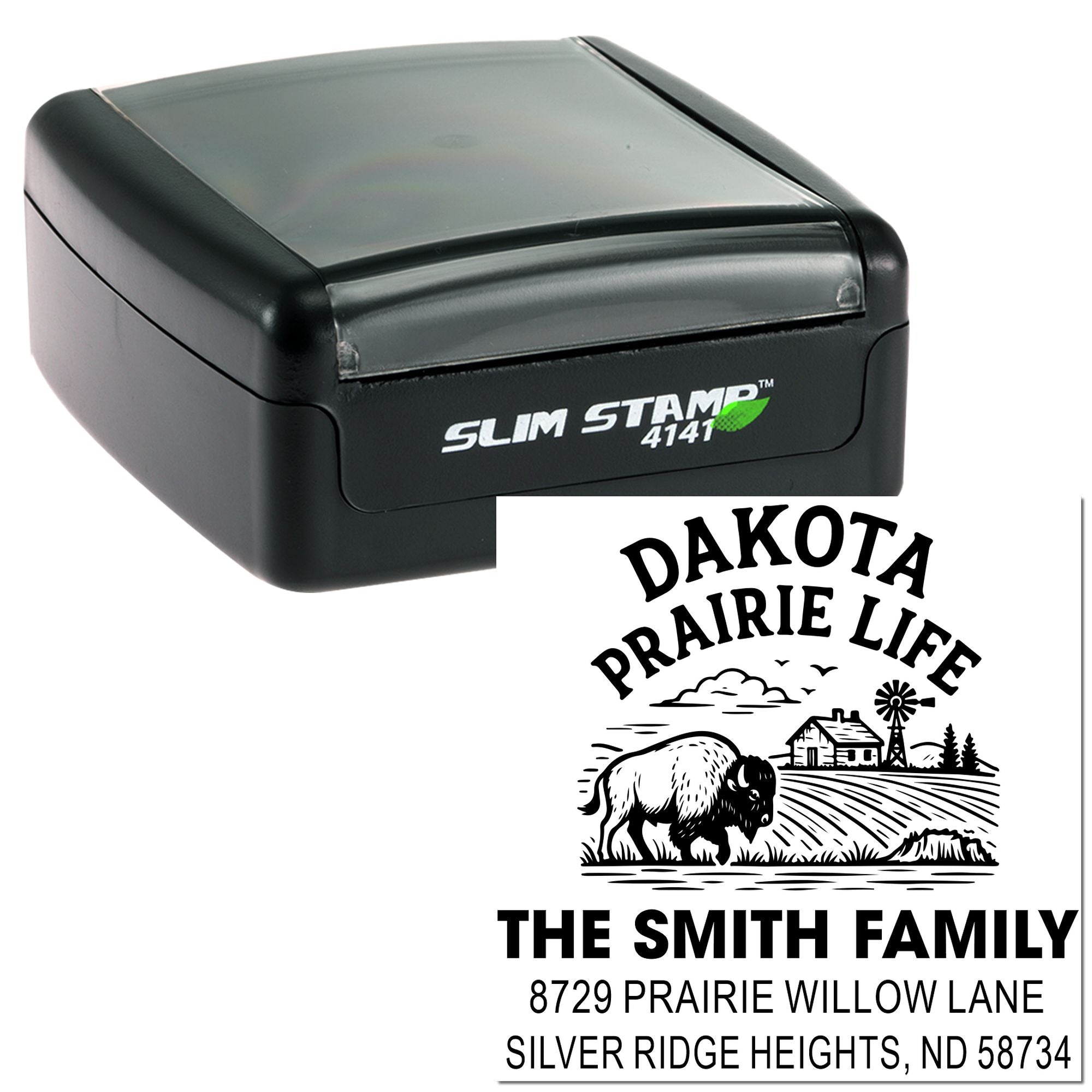 Custom self-inking rubber stamp with Slim Stamp 4141 case and Dakota Prairie Life family address imprint.