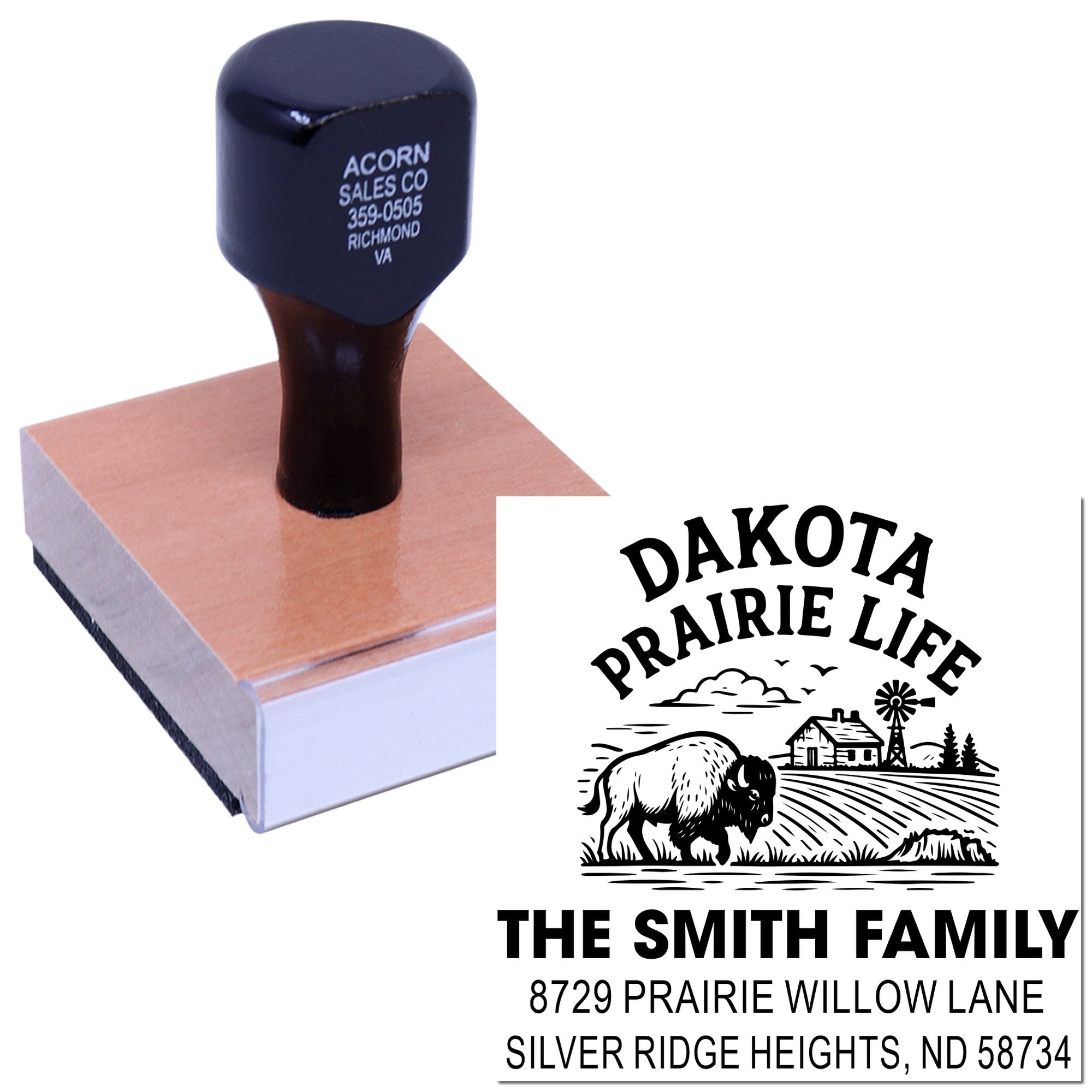 Custom rubber address stamp for The Smith Family with Dakota Prairie Life farm design and mailing address imprint