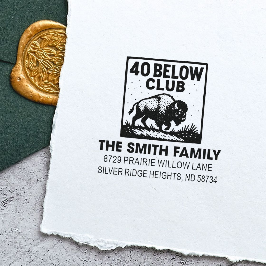 Personalized address rubber stamp proof with 40 Below Club bison logo and The Smith Family return address for envelopes.