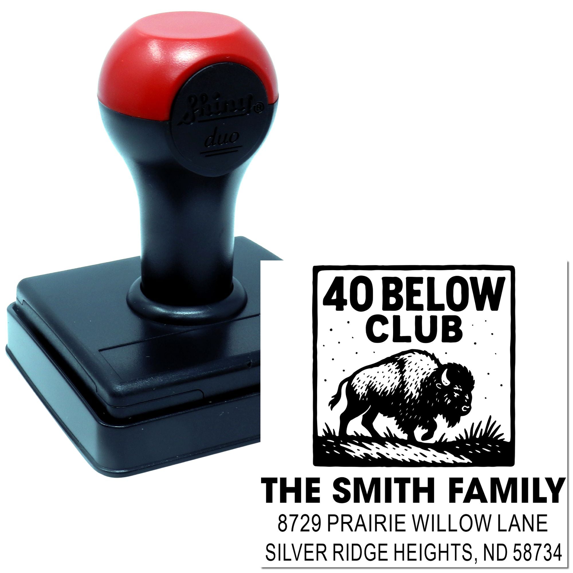 Personalized self-inking rubber address stamp with bison 40 Below Club design and custom family return address.