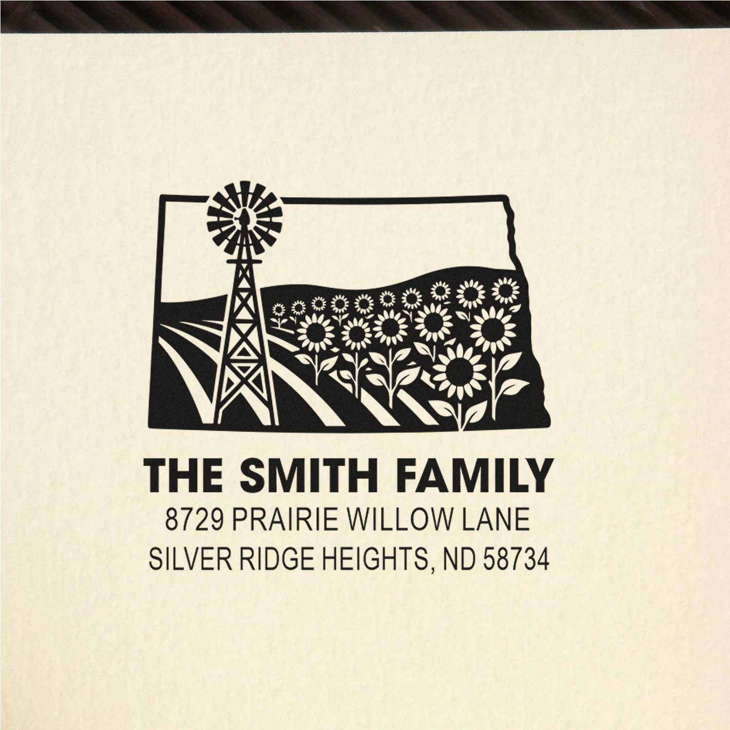 Custom family address stamp featuring North Dakota, a windmill, and sunflowers for The Smith Family in Silver Ridge Heights.
