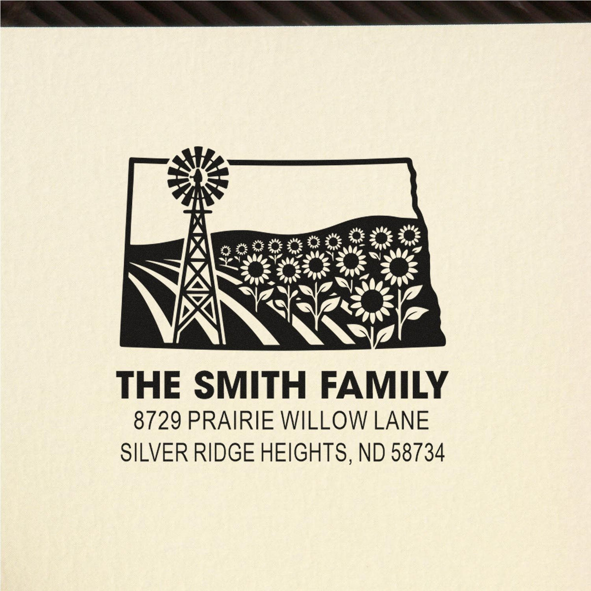 Custom address rubber stamp with North Dakota outline, windmill and sunflowers for The Smith Family, Silver Ridge Heights, ND 58734