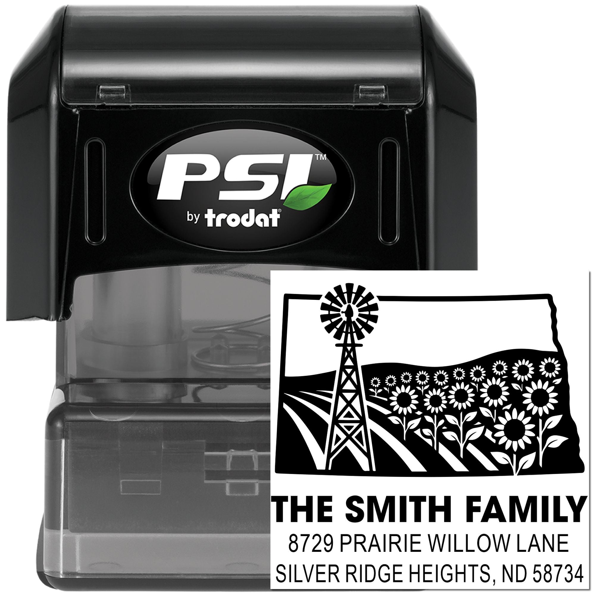PSI by Trodat self-inking custom return address rubber stamp with farm logo and The Smith Family address design