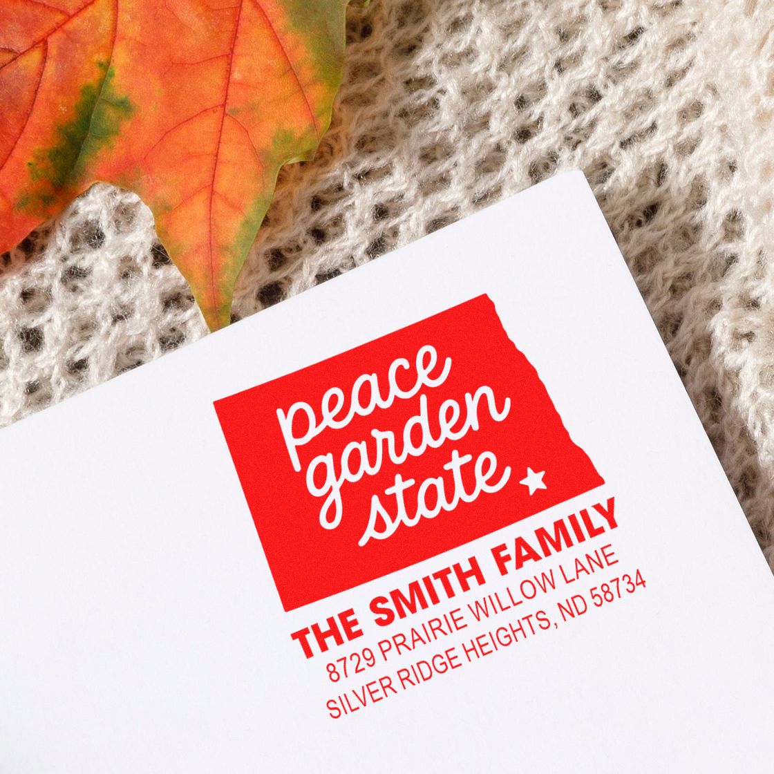 Custom rubber address stamp with Peace Garden State design for The Smith Family return address in Silver Ridge Heights, ND.