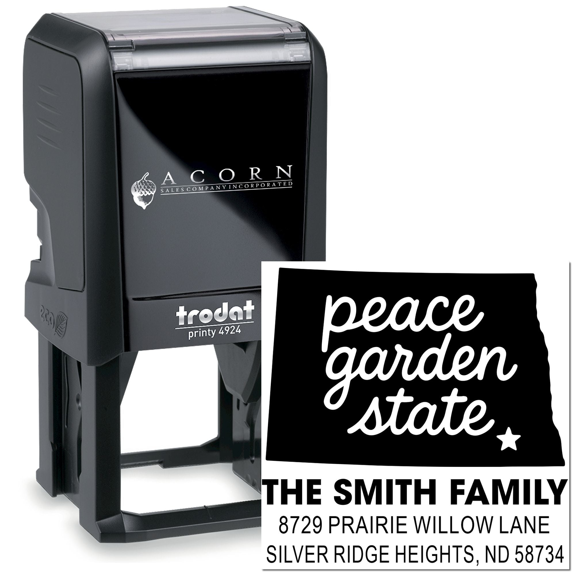 Trodat Printy 4924 custom self-inking address stamp with Peace Garden State design and family return address