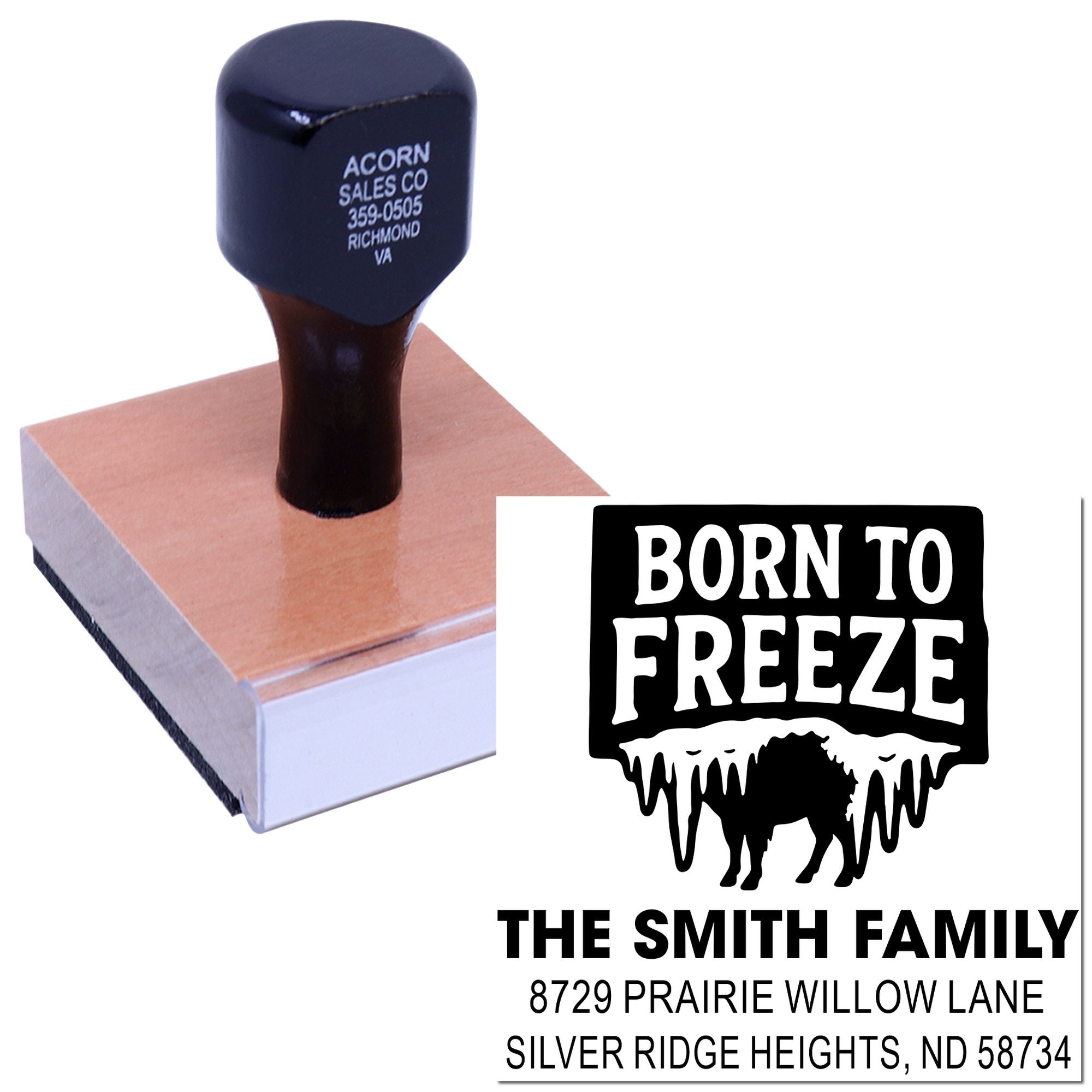 Custom rubber address stamp with Born to Freeze design, bear graphic, and The Smith Family return address for winter mailings.
