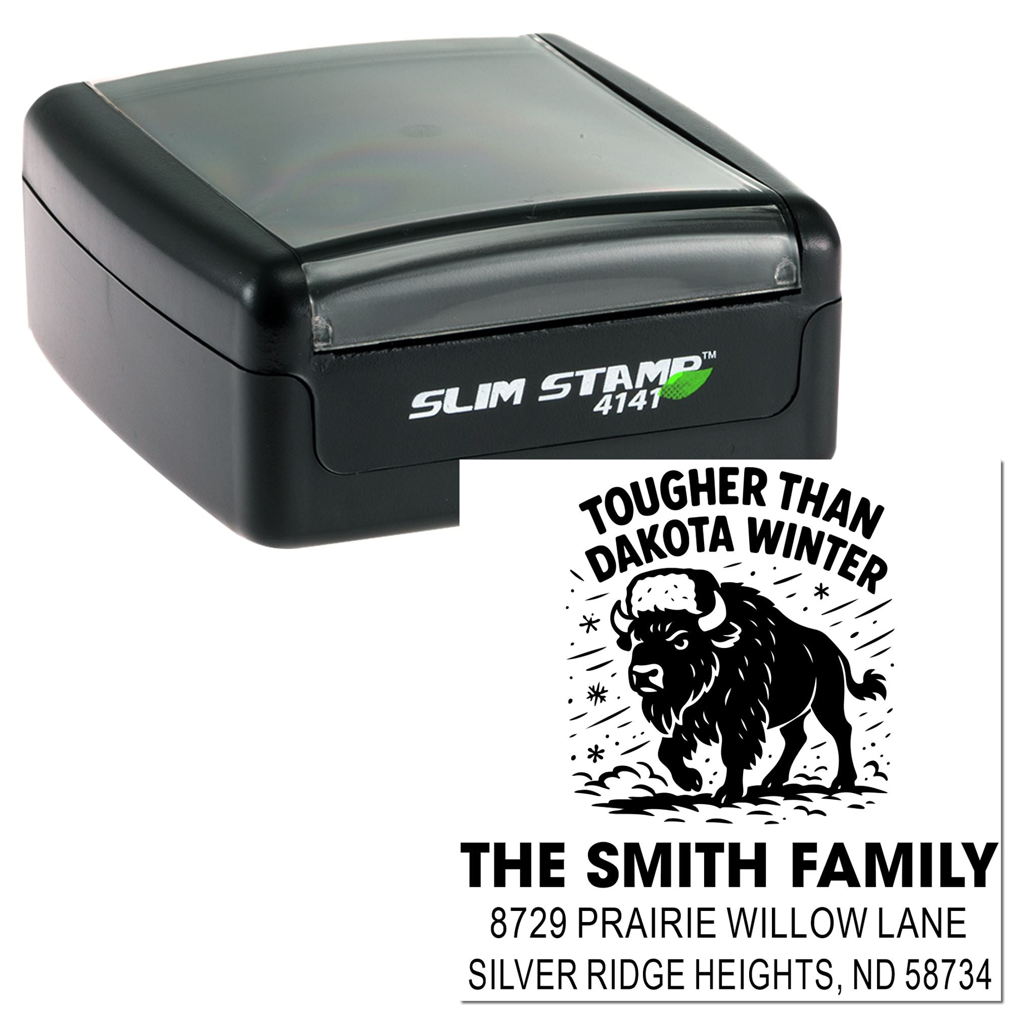 Custom self-inking rubber return address stamp with bison design for personalized family mail