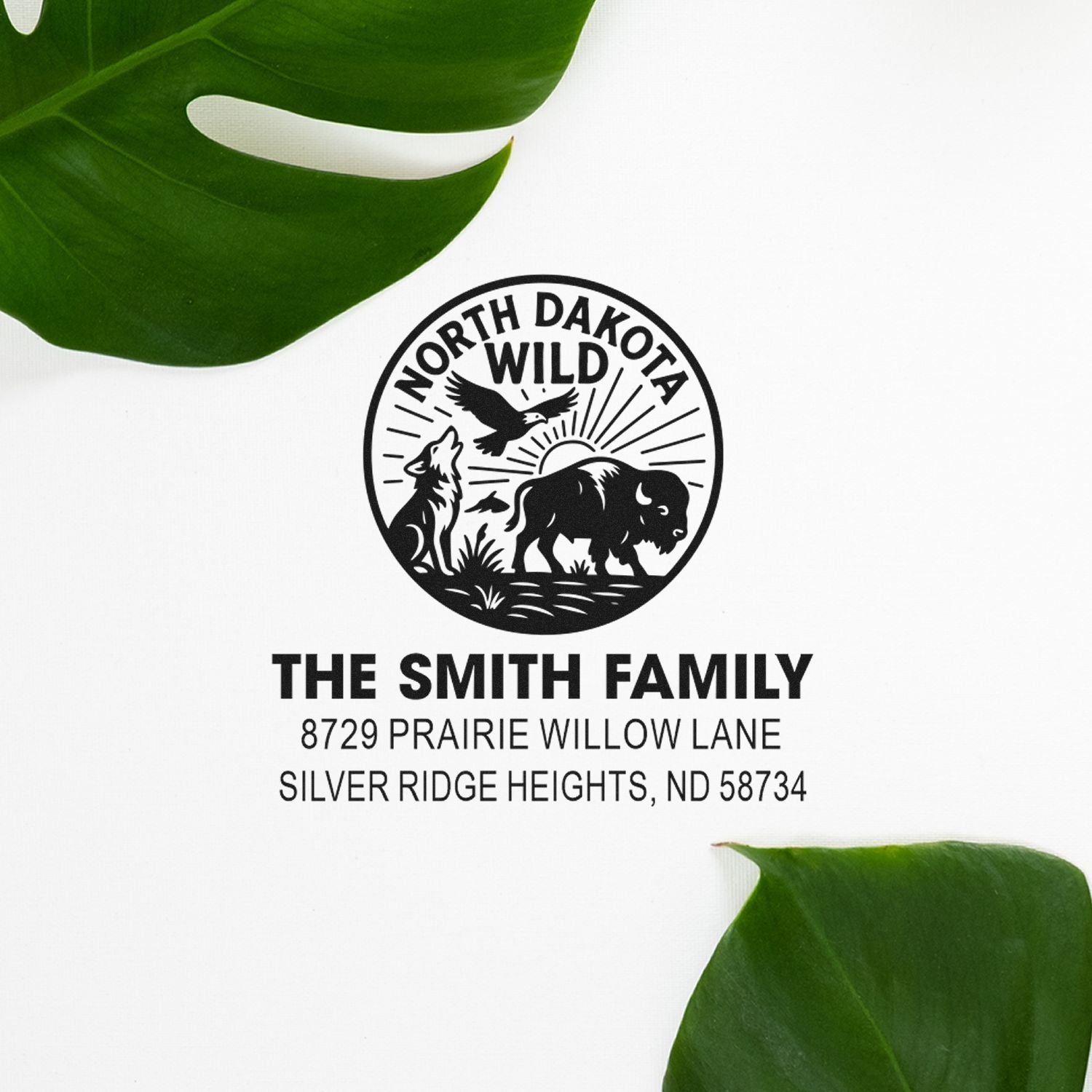 Custom North Dakota wild family address rubber stamp with bison, wolf and eagle return address for The Smith Family