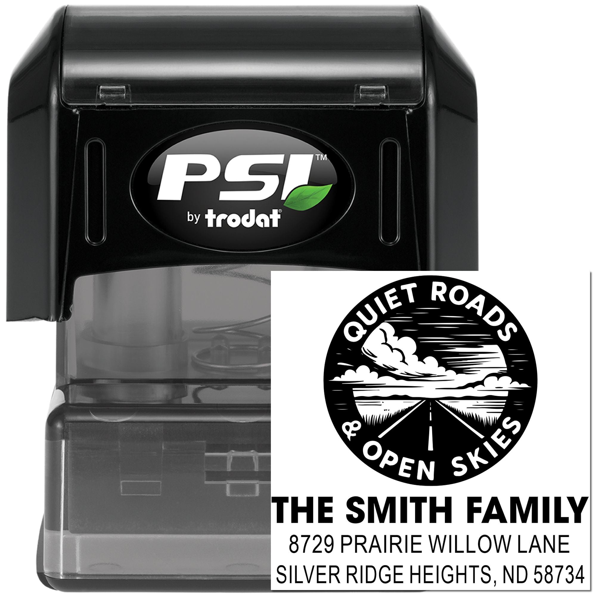 PSI by Trodat custom self-inking address stamp with Quiet Roads & Open Skies family return address design.