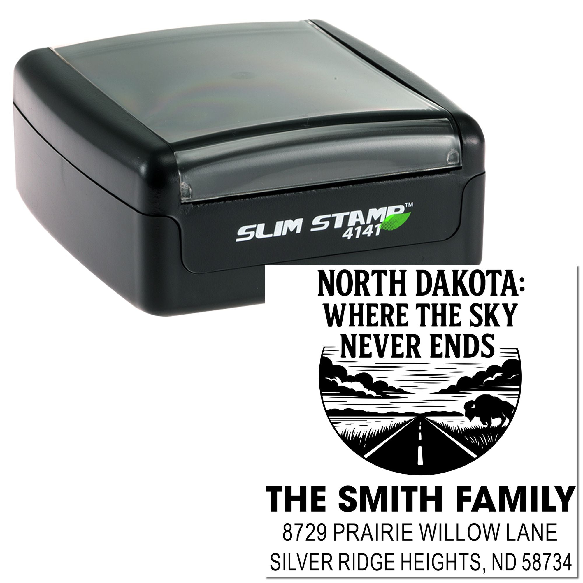 Custom North Dakota self-inking return address rubber stamp with scenic skyline design, family name, and address