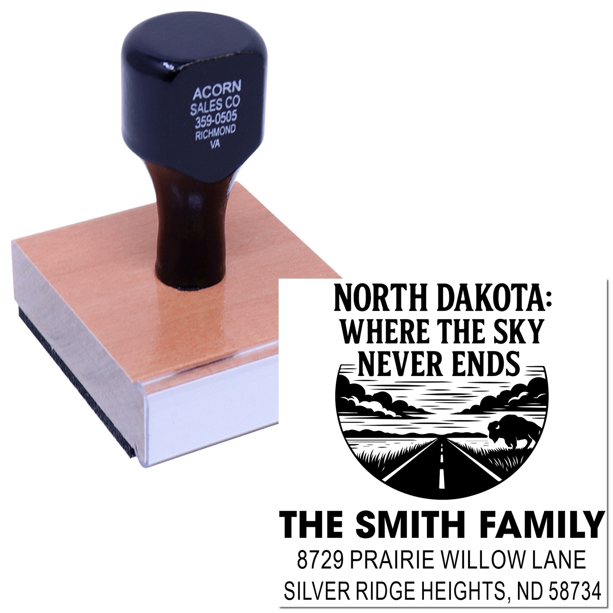 Custom North Dakota address rubber stamp with family name and skyline logo for personalized mailing.