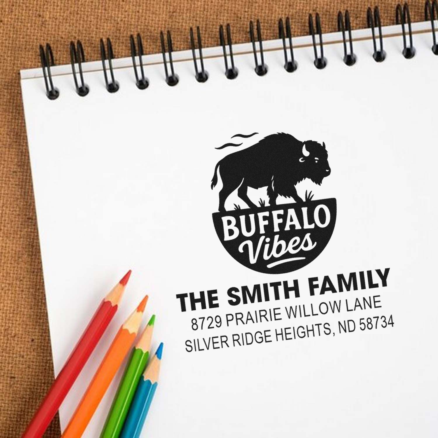 Custom Buffalo Vibes return address rubber stamp with family name and address for personalized stationery.