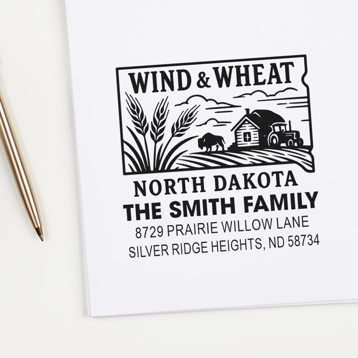 Personalized North Dakota return address rubber stamp with Wind & Wheat farm design for The Smith Family.