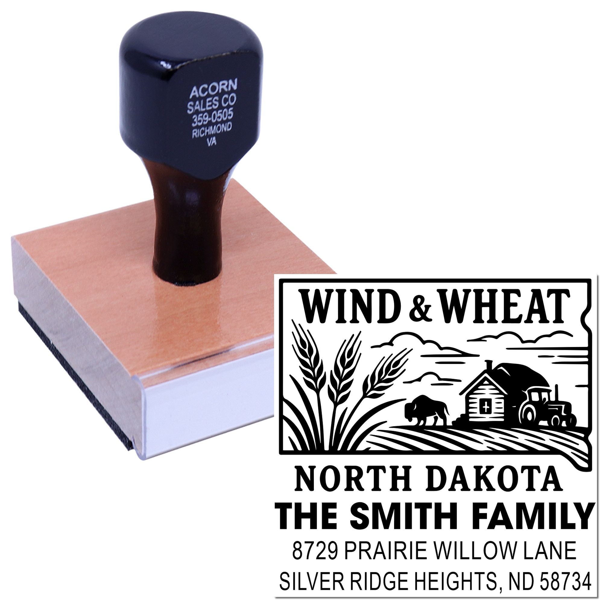 Custom self-inking rubber stamp for North Dakota farm return address, featuring Wind & Wheat design for mailing and branding.