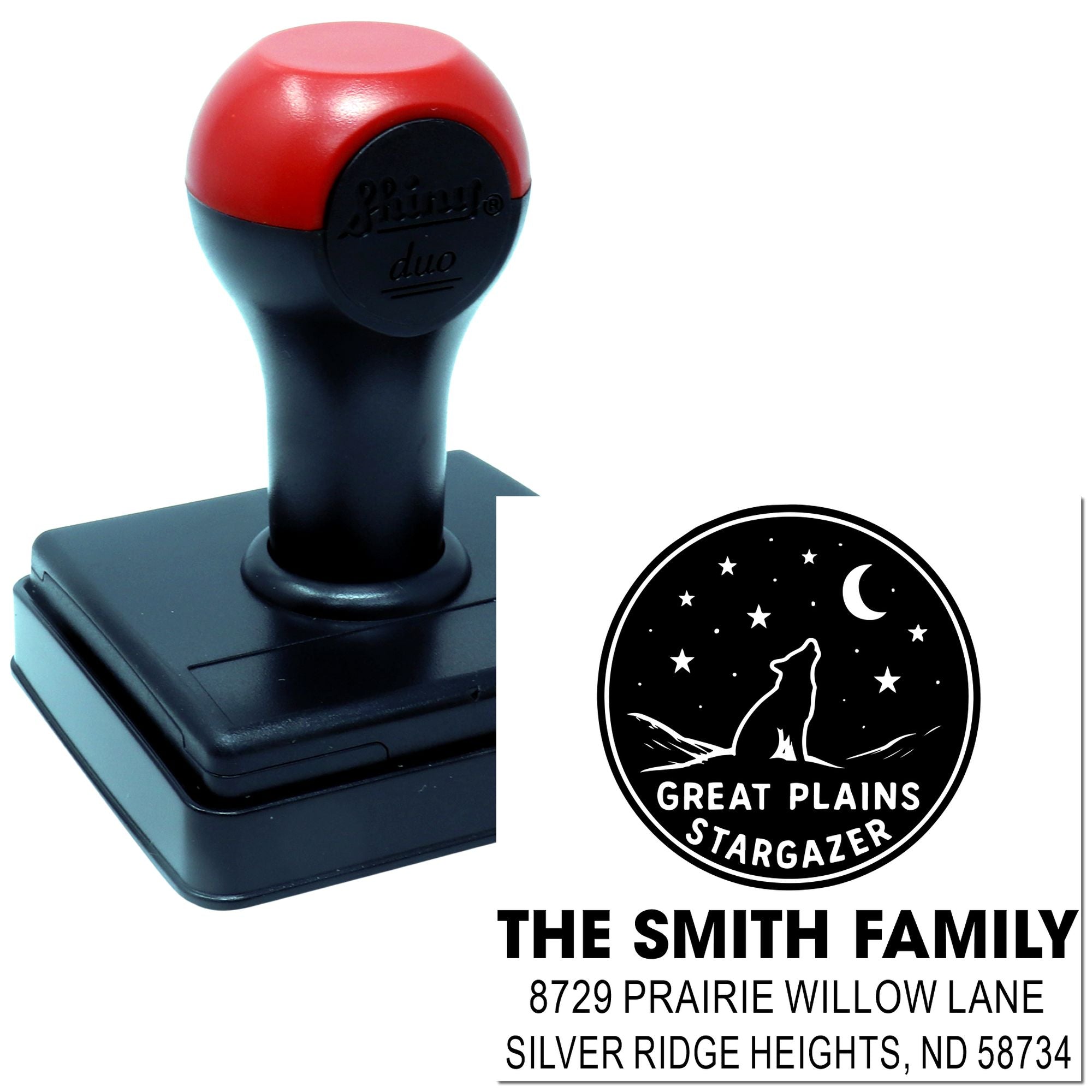 Custom self-inking rubber stamp with Great Plains Stargazer logo and return address for personalized mailing.