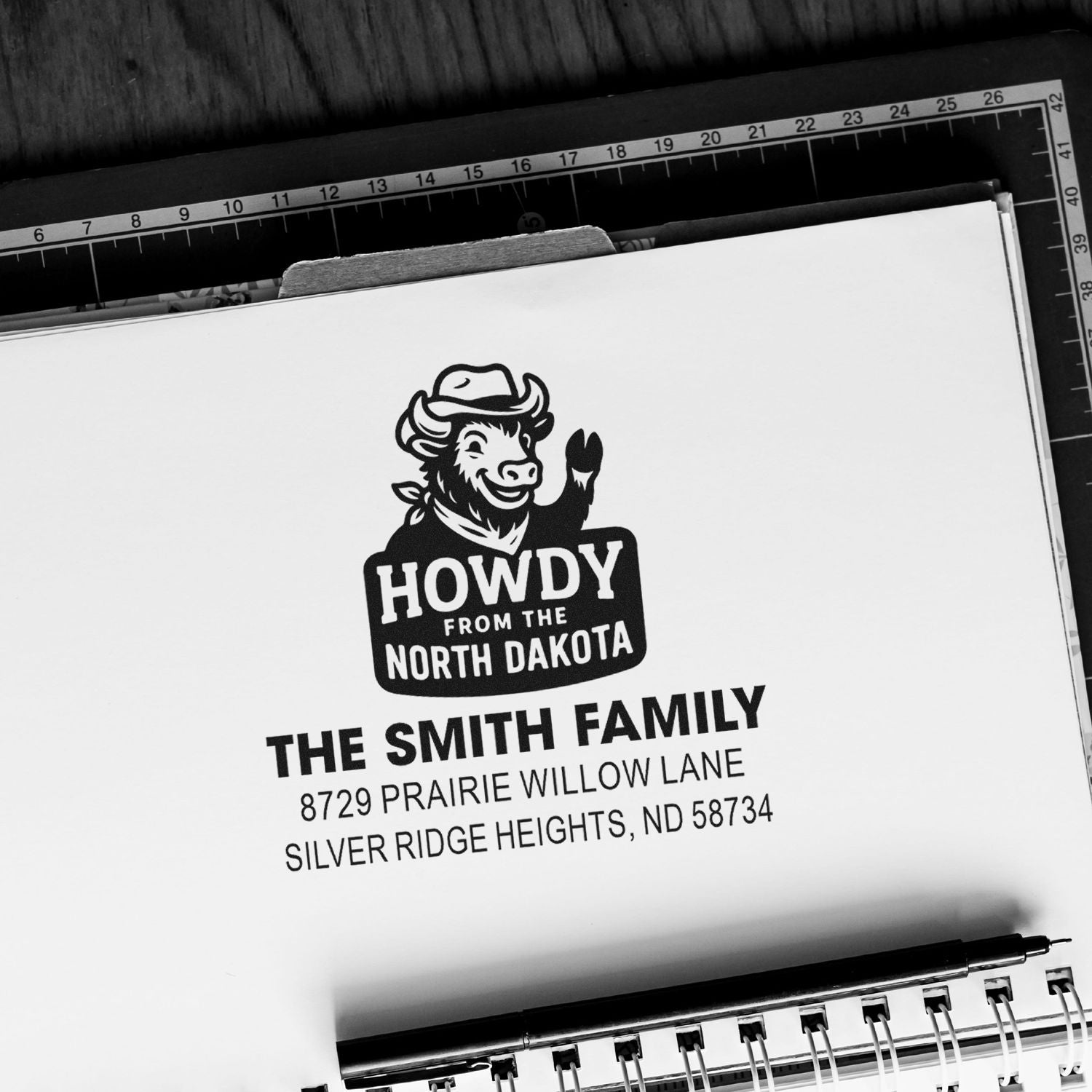 Personalized custom rubber return address stamp with cowboy cow design for The Smith Family in North Dakota.