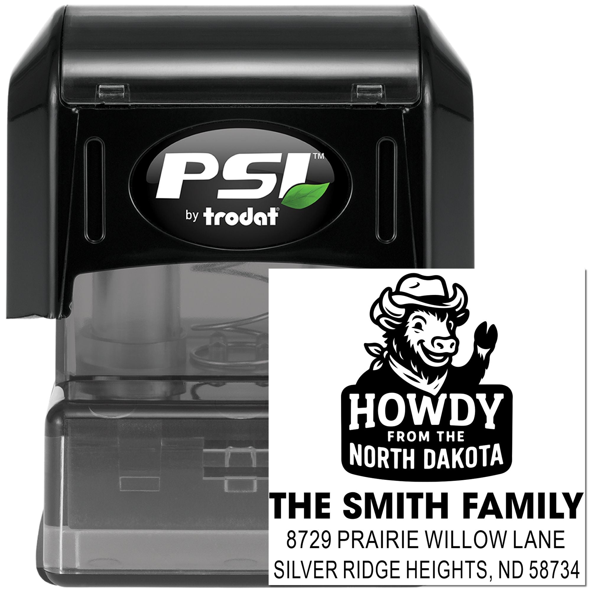 PSI by Trodat custom self-inking rubber stamp with North Dakota family return address design for personalized mail.