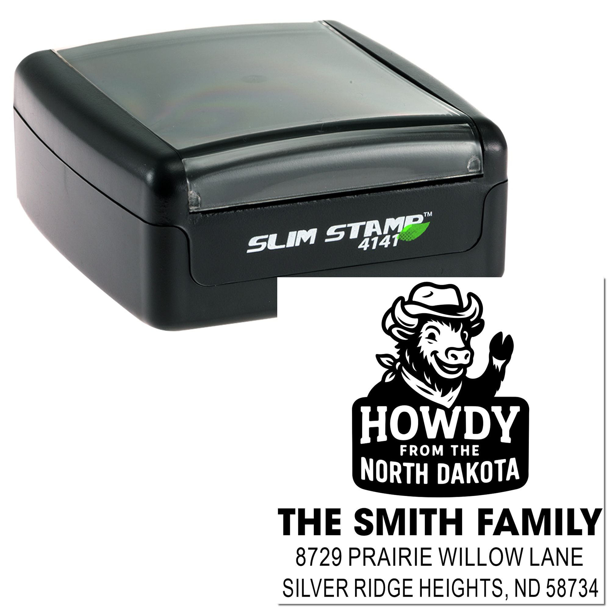 Custom self-inking rubber stamp showing a cowboy Howdy from the North Dakota design with Smith family address imprint.