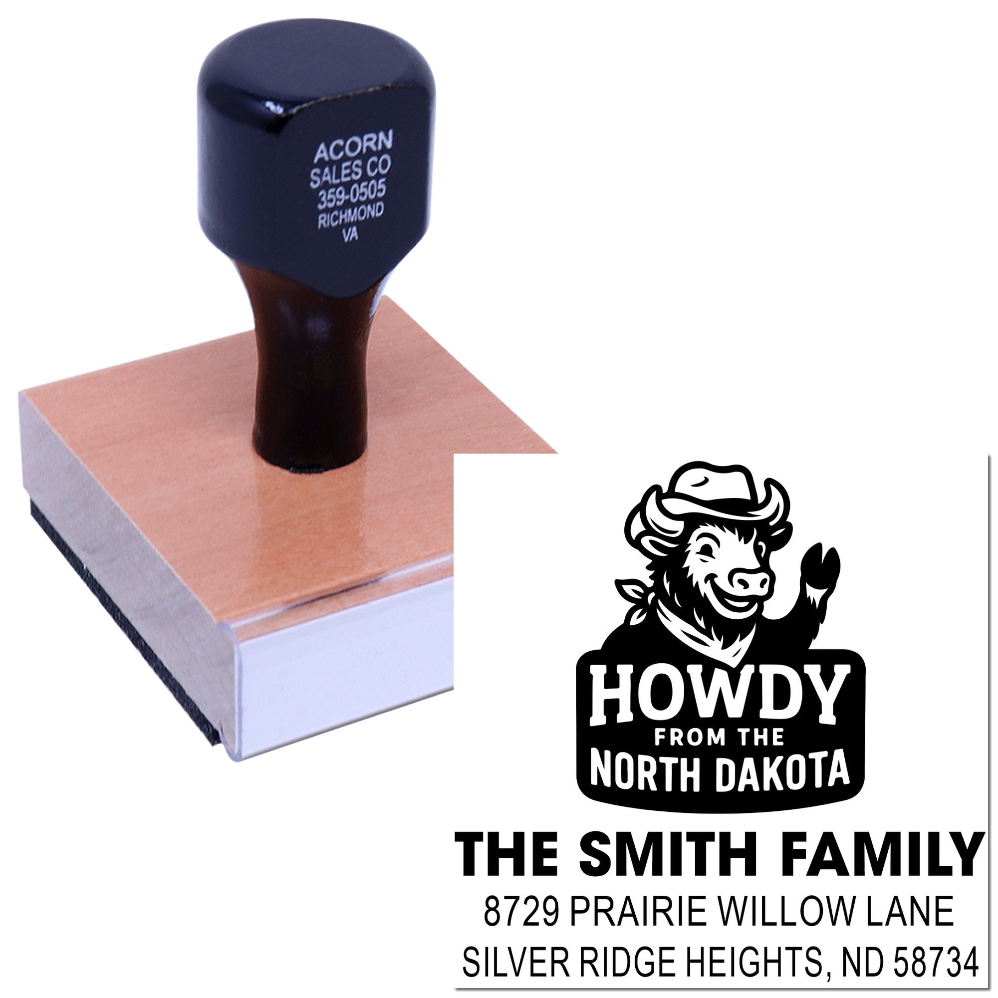 Custom rubber address stamp with Howdy from North Dakota design for The Smith Family personalized mailings.