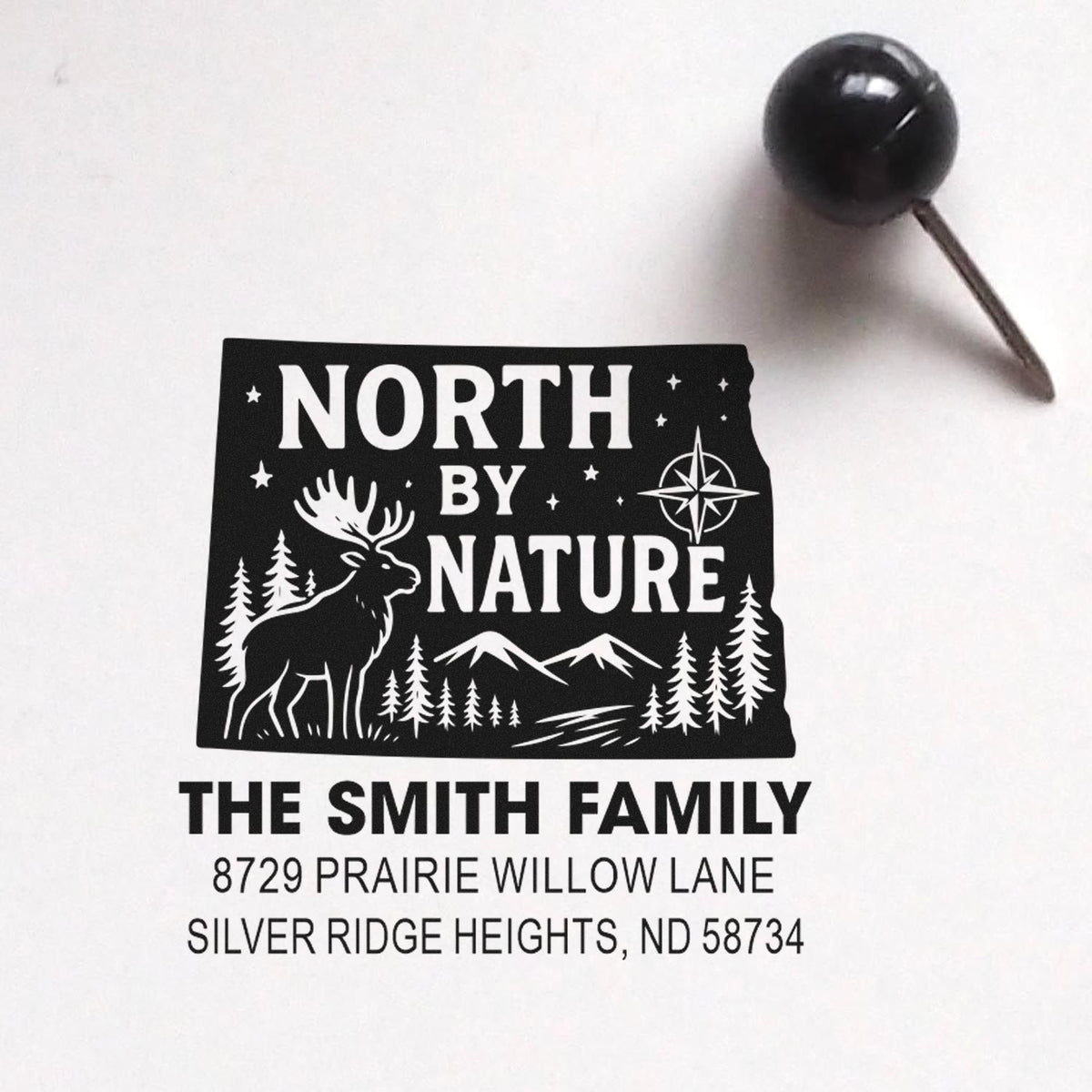 Custom rubber stamp with North By Nature deer and mountain design, personalized Smith family return address for Silver Ridge Heights, ND.