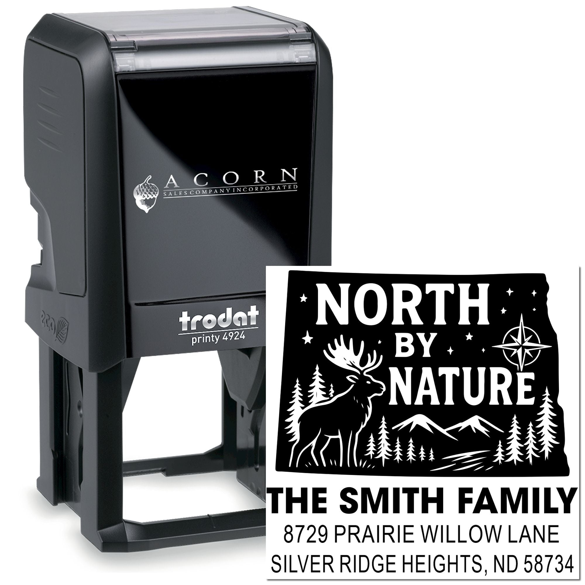 Custom self-inking rubber address stamp with North By Nature family design, Trodat Printy 4924.