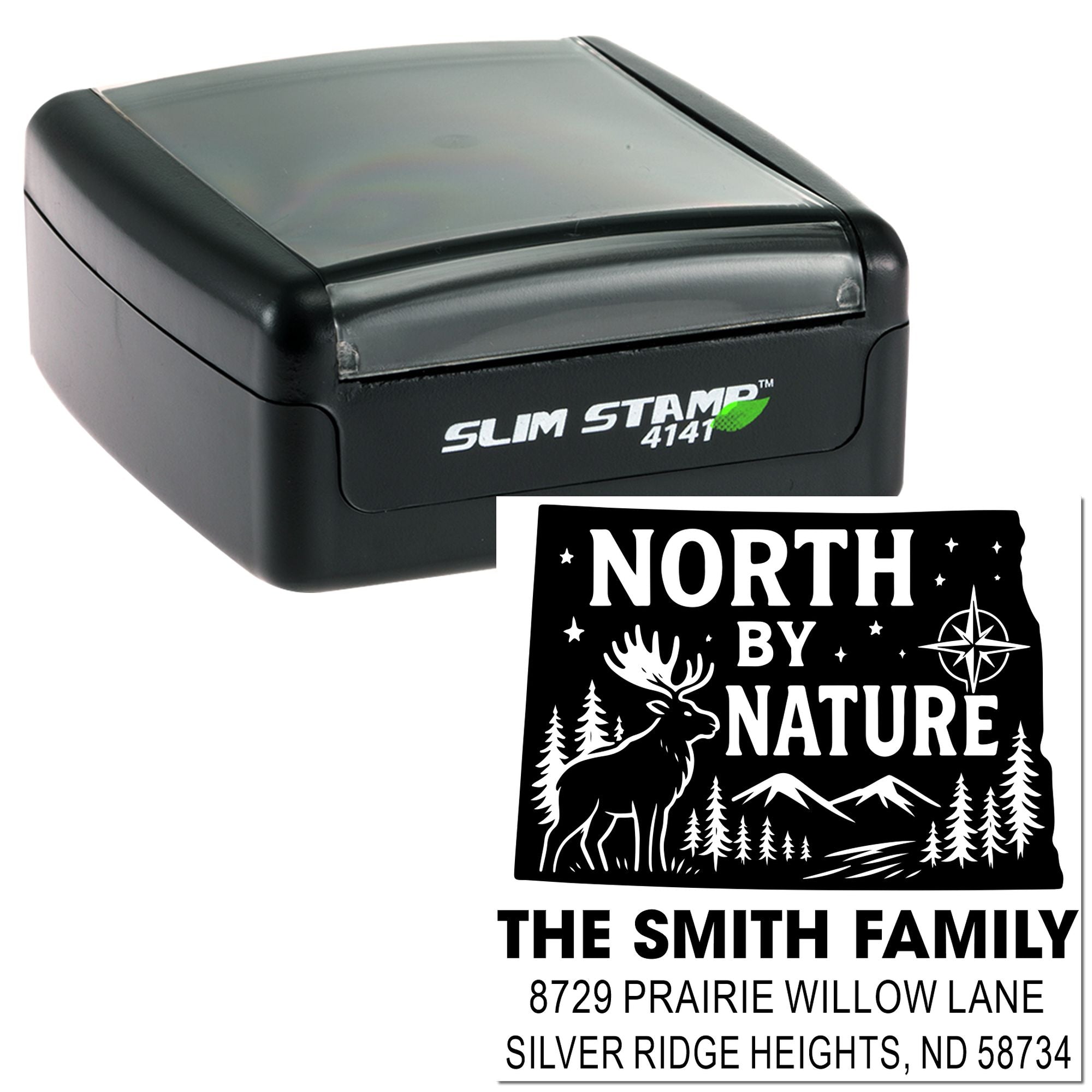 Custom Slim Stamp 4141 with North By Nature family address rubber stamp design for The Smith Family.