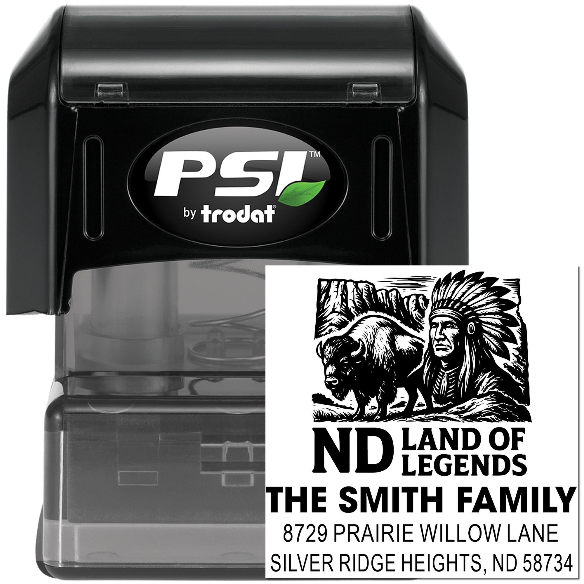 PSI by Trodat self-inking custom address rubber stamp with buffalo Land of Legends North Dakota family imprint