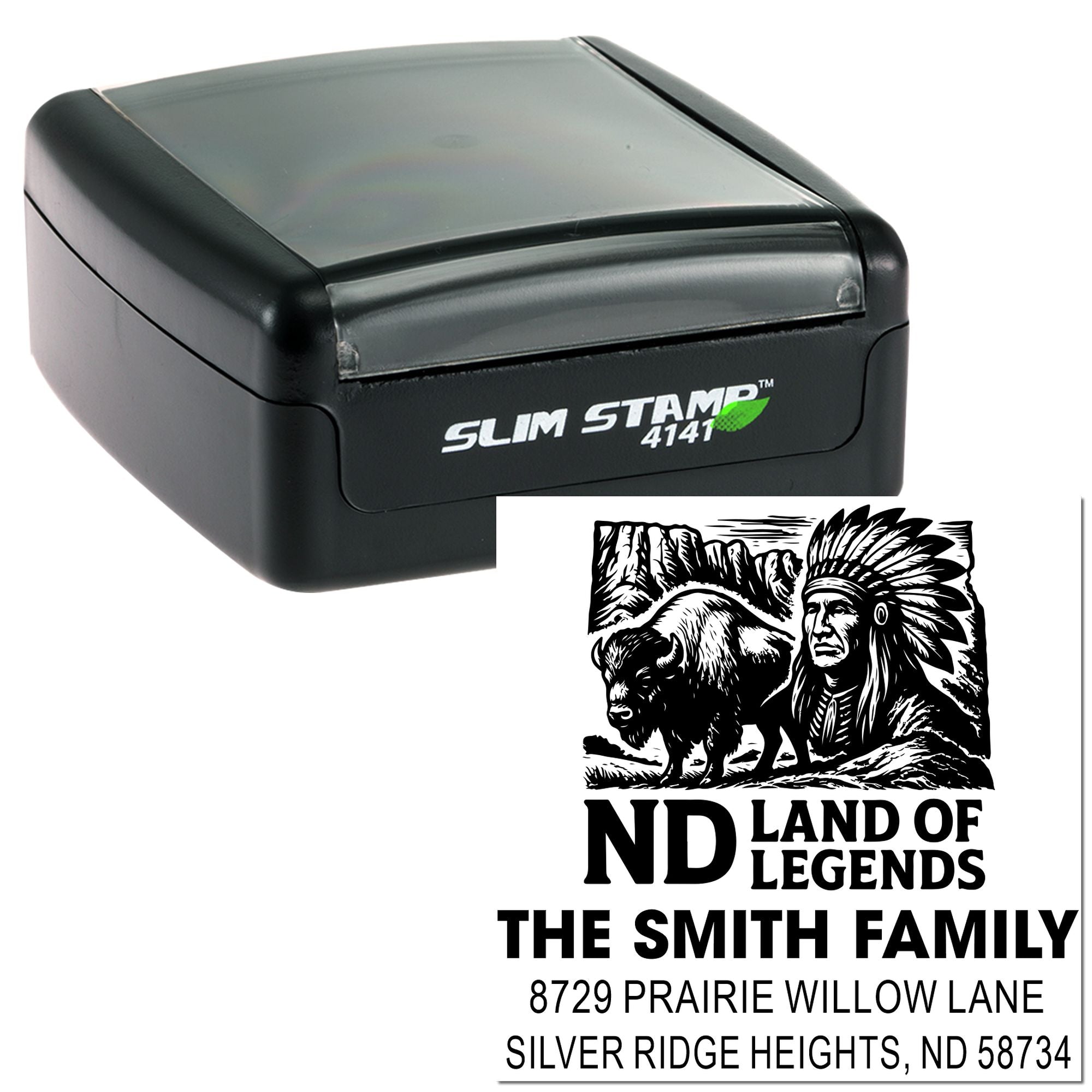 Slim Stamp 4141 custom self-inking rubber stamp with North Dakota bison return address design for The Smith Family.
