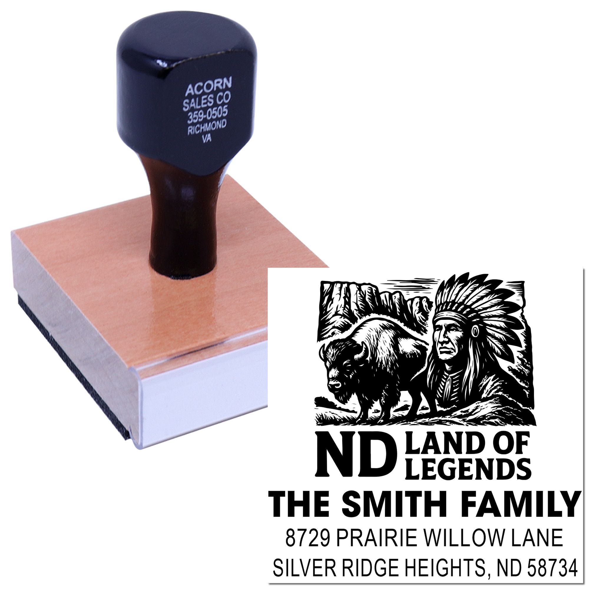 Custom return address rubber stamp for The Smith Family, featuring buffalo art and "Land of Legends" North Dakota design.