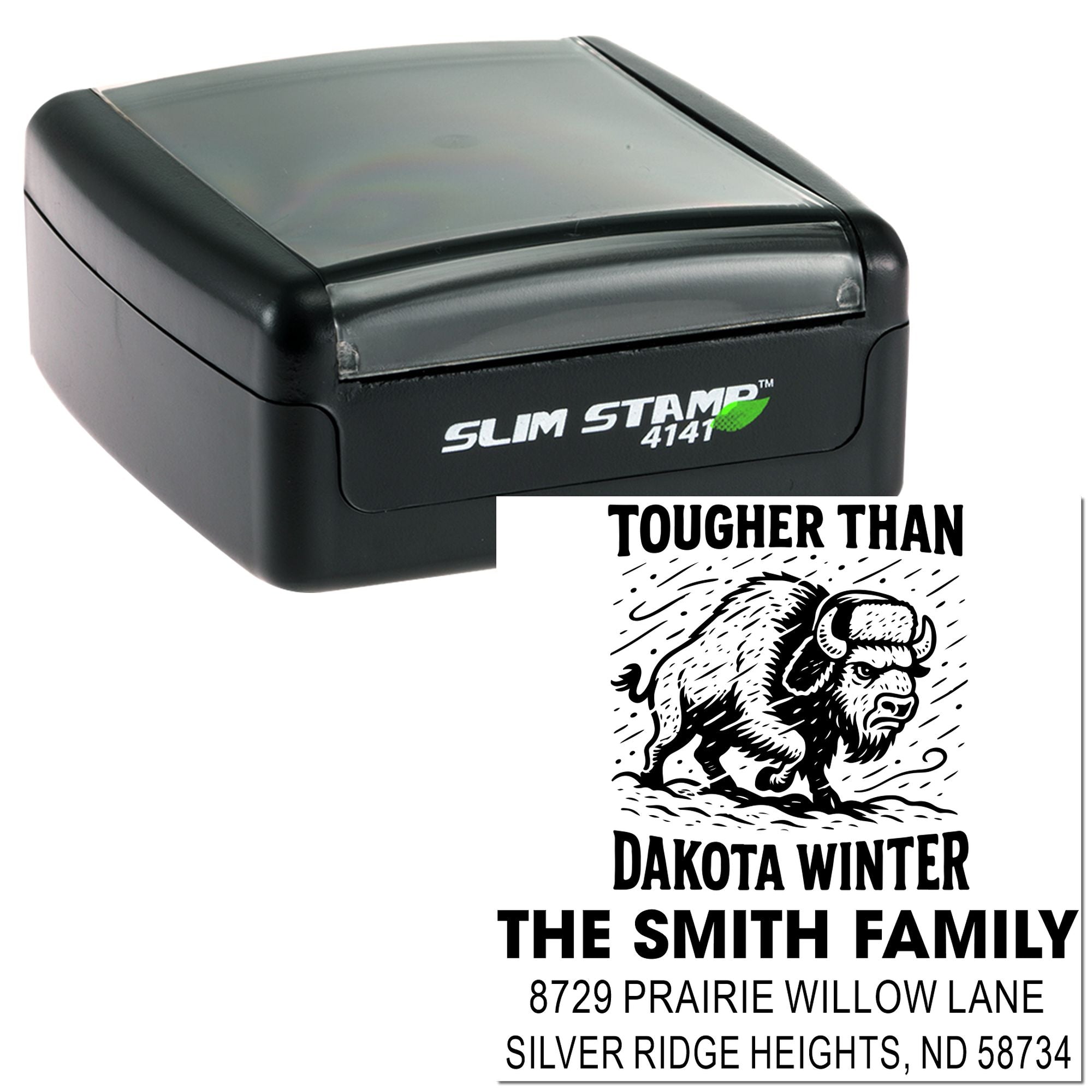 Custom self-inking rubber return address stamp with bison design for personalized family mailing use.