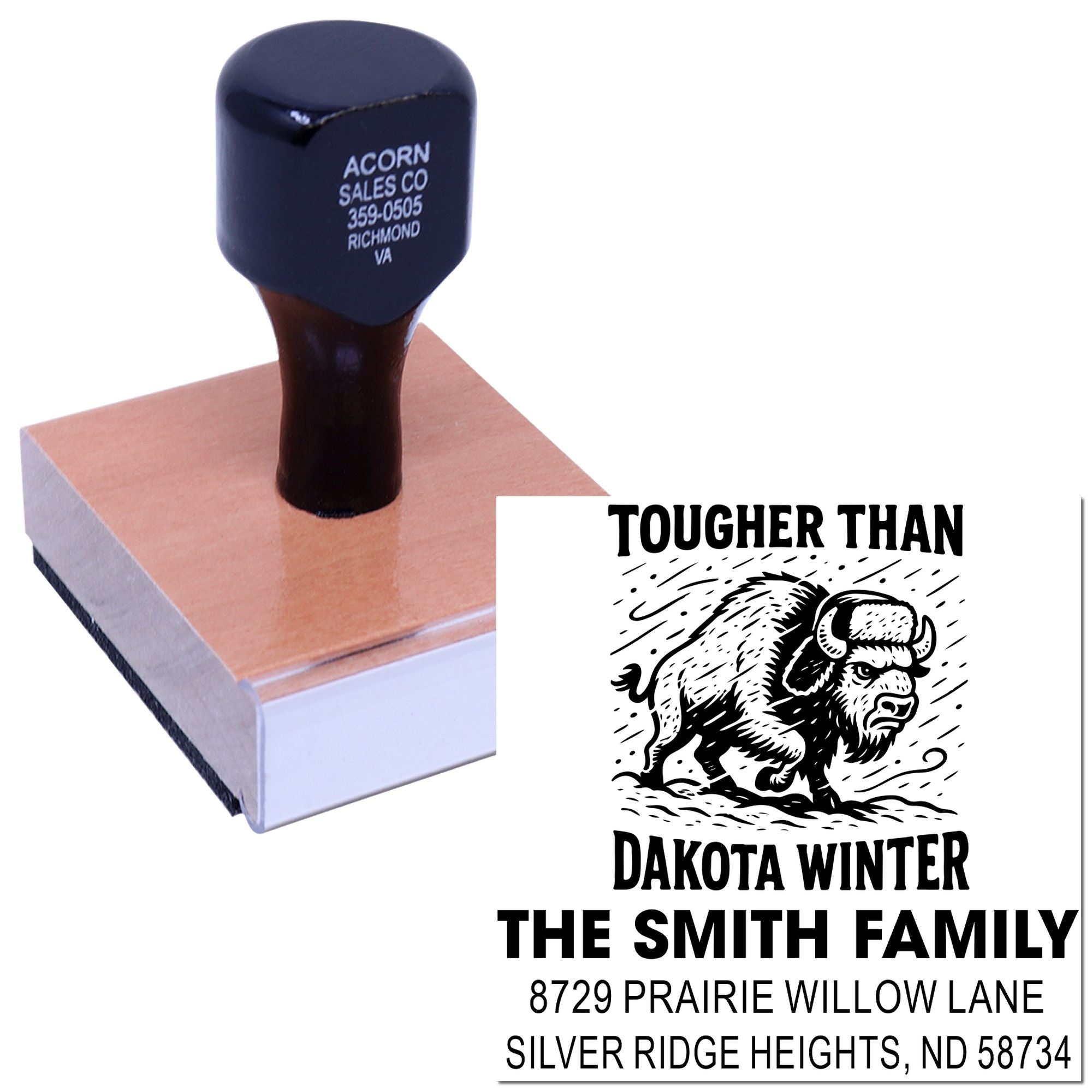 Custom rubber address stamp with buffalo graphic, family name, and return address for personalized mailing.