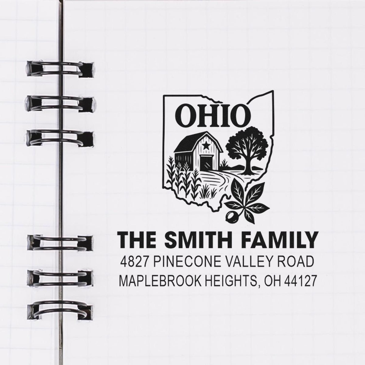 Custom Ohio family address rubber stamp with name, street address, and Maplebrook Heights, OH 44127 for mail and stationery.