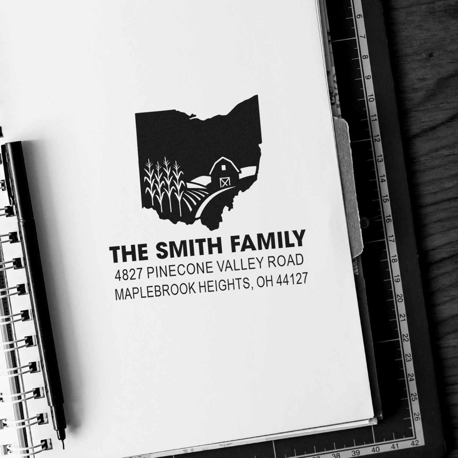 Custom Ohio farm return address rubber stamp for The Smith Family, featuring personalized home address and state outline.