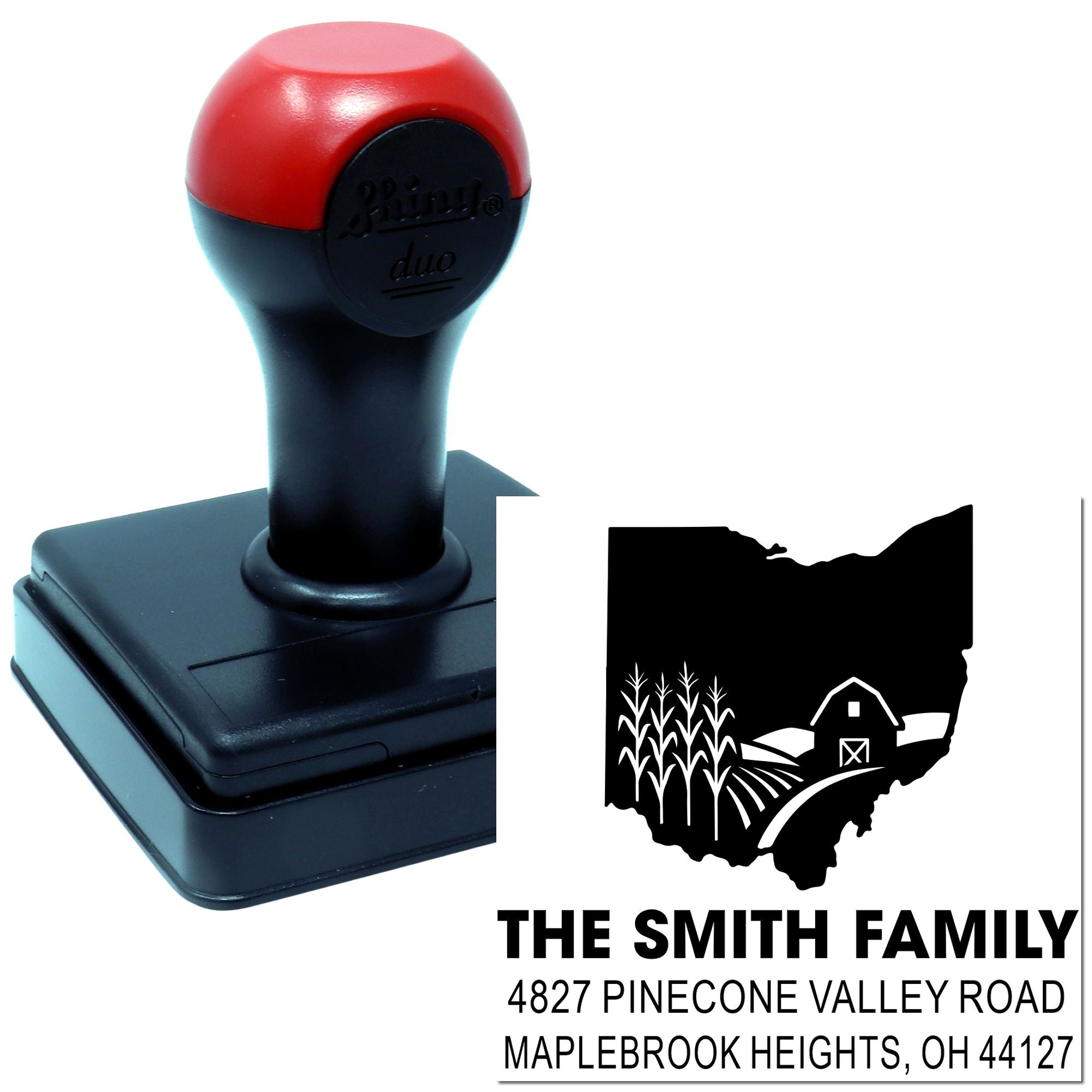 Custom self-inking rubber address stamp with Ohio farm design for The Smith Family, Maplebrook Heights, OH.