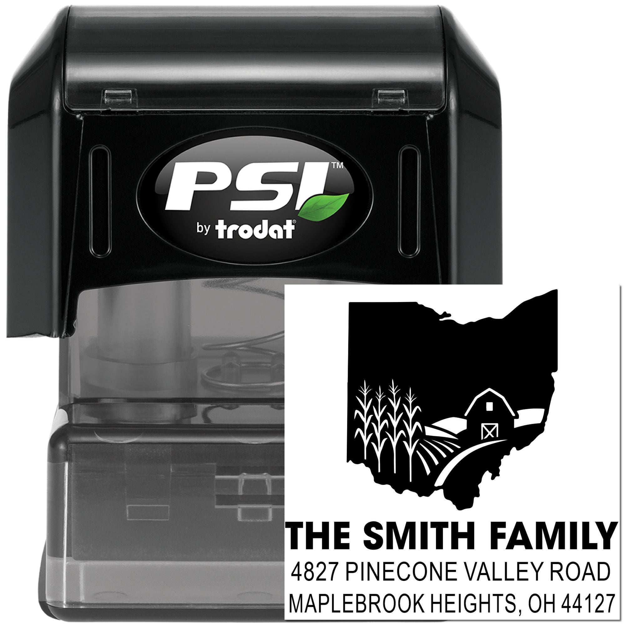 PSI by Trodat custom self-inking address rubber stamp with family farm return address design for envelopes and mailings