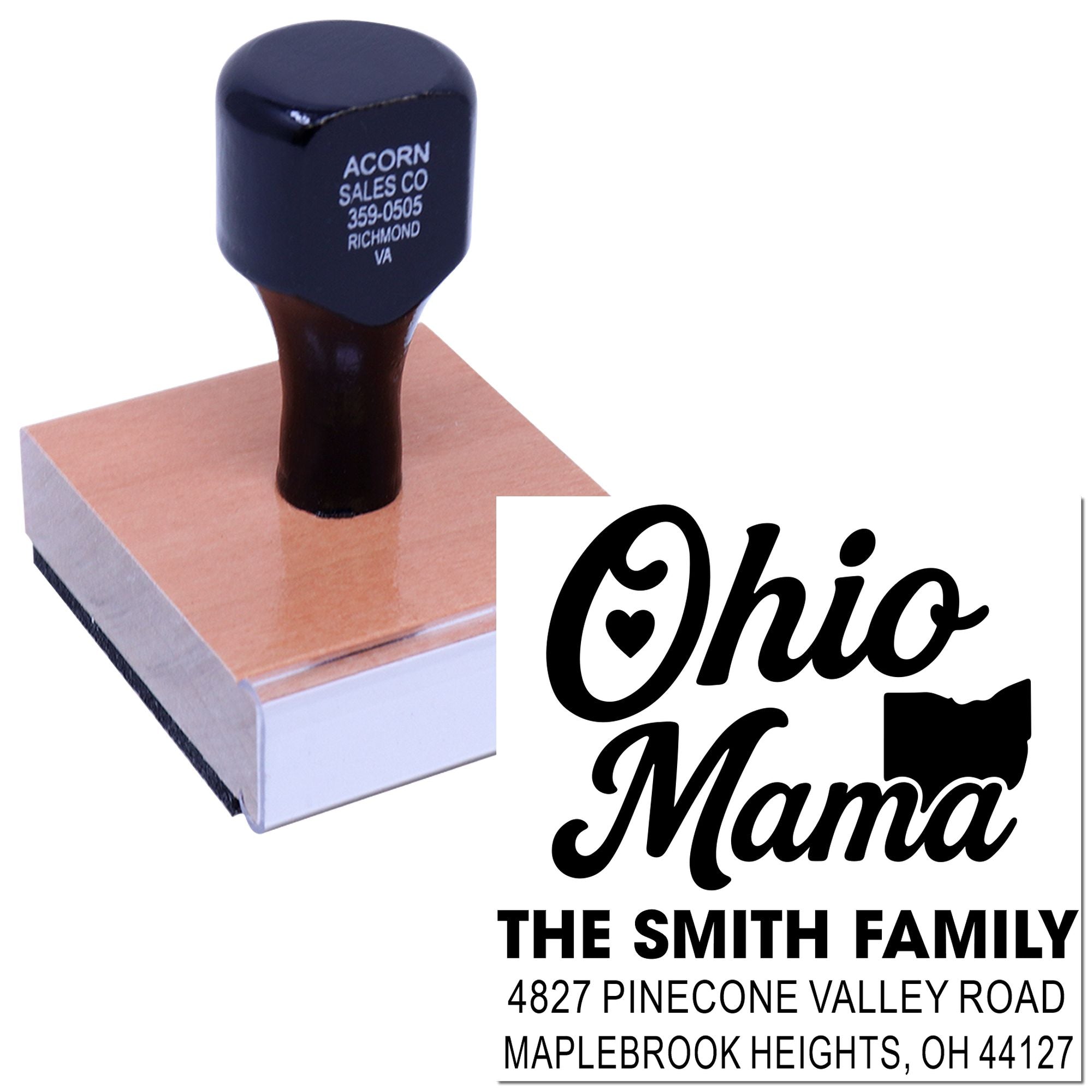 Custom Ohio Mama return address rubber stamp with family name and address for personalized mail, invitations, and envelopes.