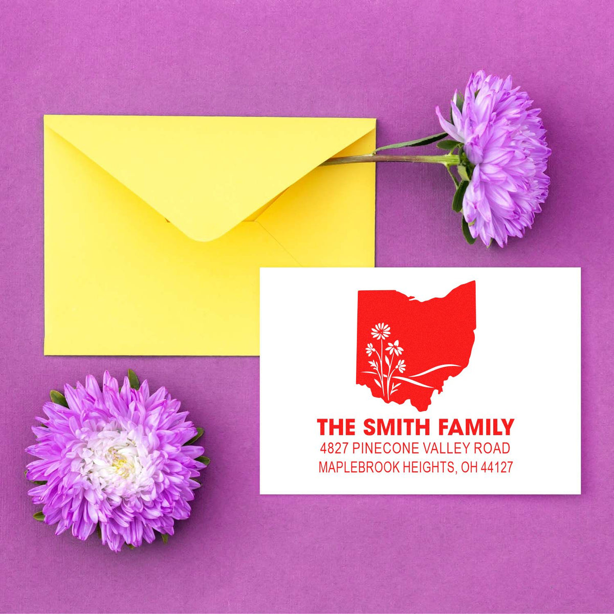Custom return address rubber stamp with Ohio state design, ideal for personalized family mail, invitations, and envelopes.
