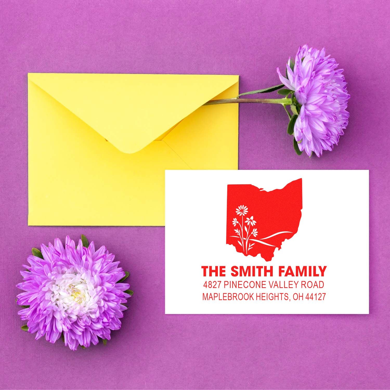 Personalized return address rubber stamp with Ohio floral design for wedding invitations and mailing envelopes.