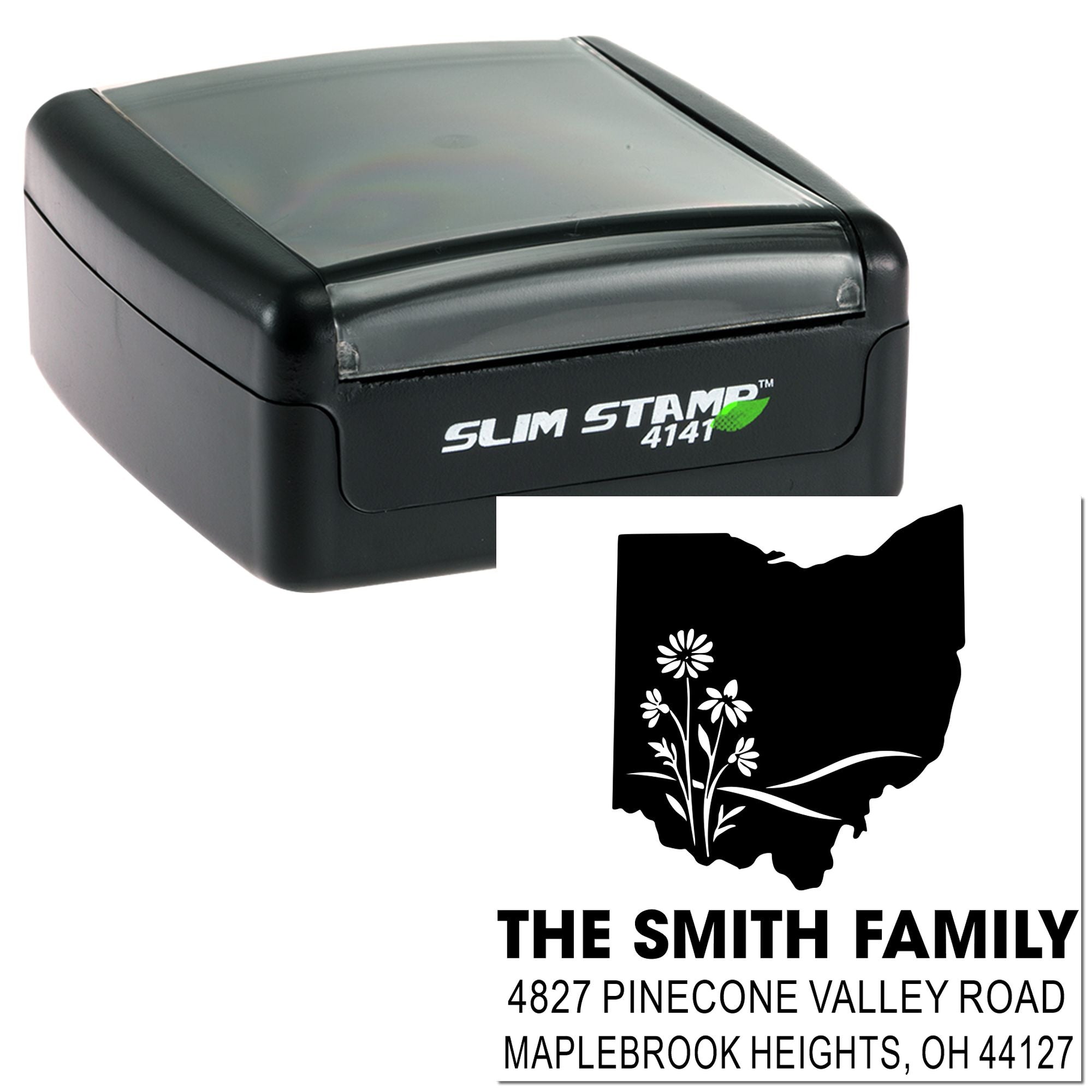 Custom self-inking rubber stamp with slim case and Ohio family return-address design for envelopes and mailings.