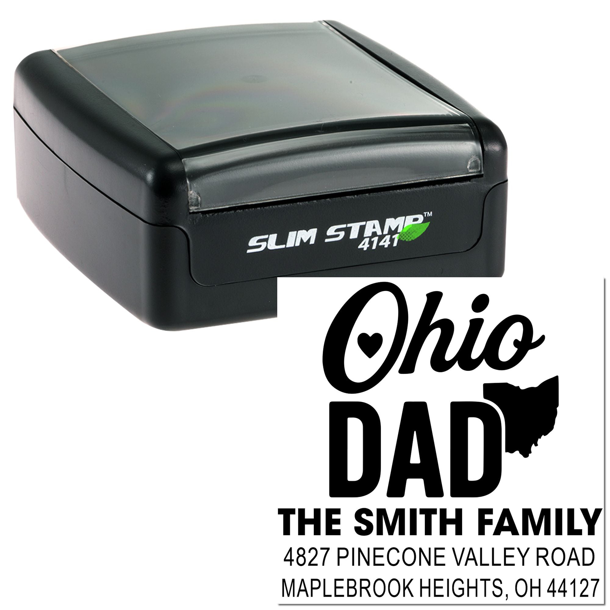 Custom Ohio Dad return address rubber stamp with name, family, and mailing address for personalized envelope stamping.