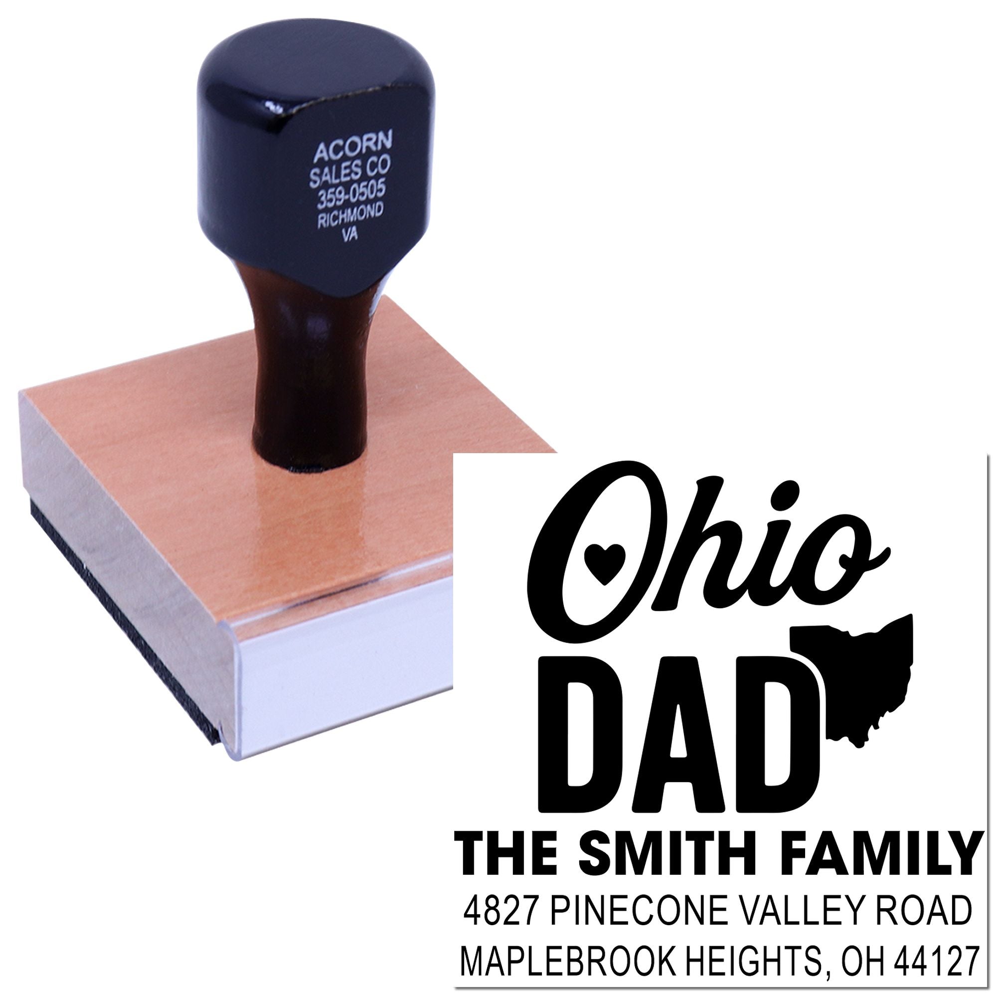 Custom Ohio Dad address rubber stamp with Ohio silhouette, family name and return address for personalized mailing.