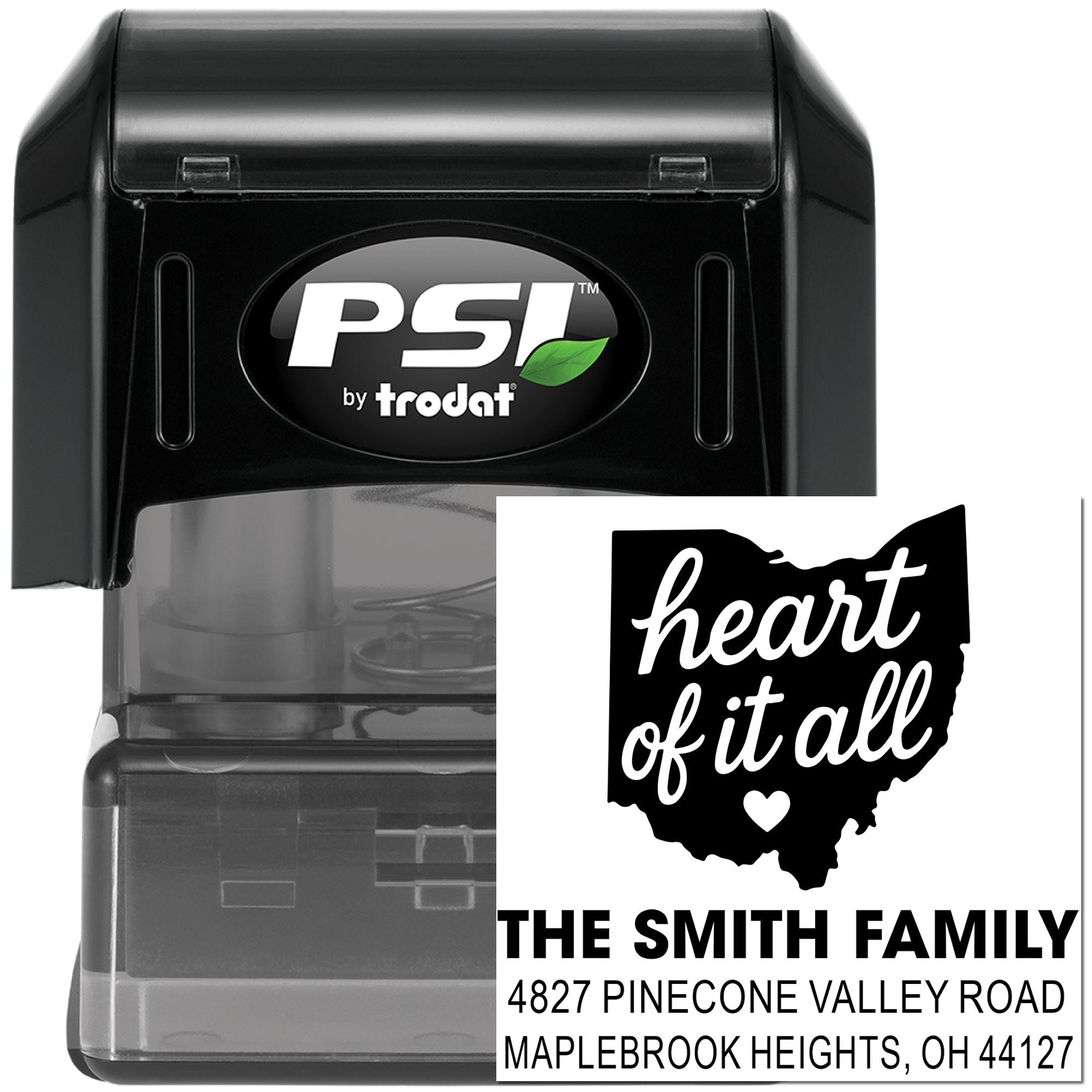 Custom Ohio family return address self-inking rubber stamp by PSI Trodat with Smith Family address and heart design.