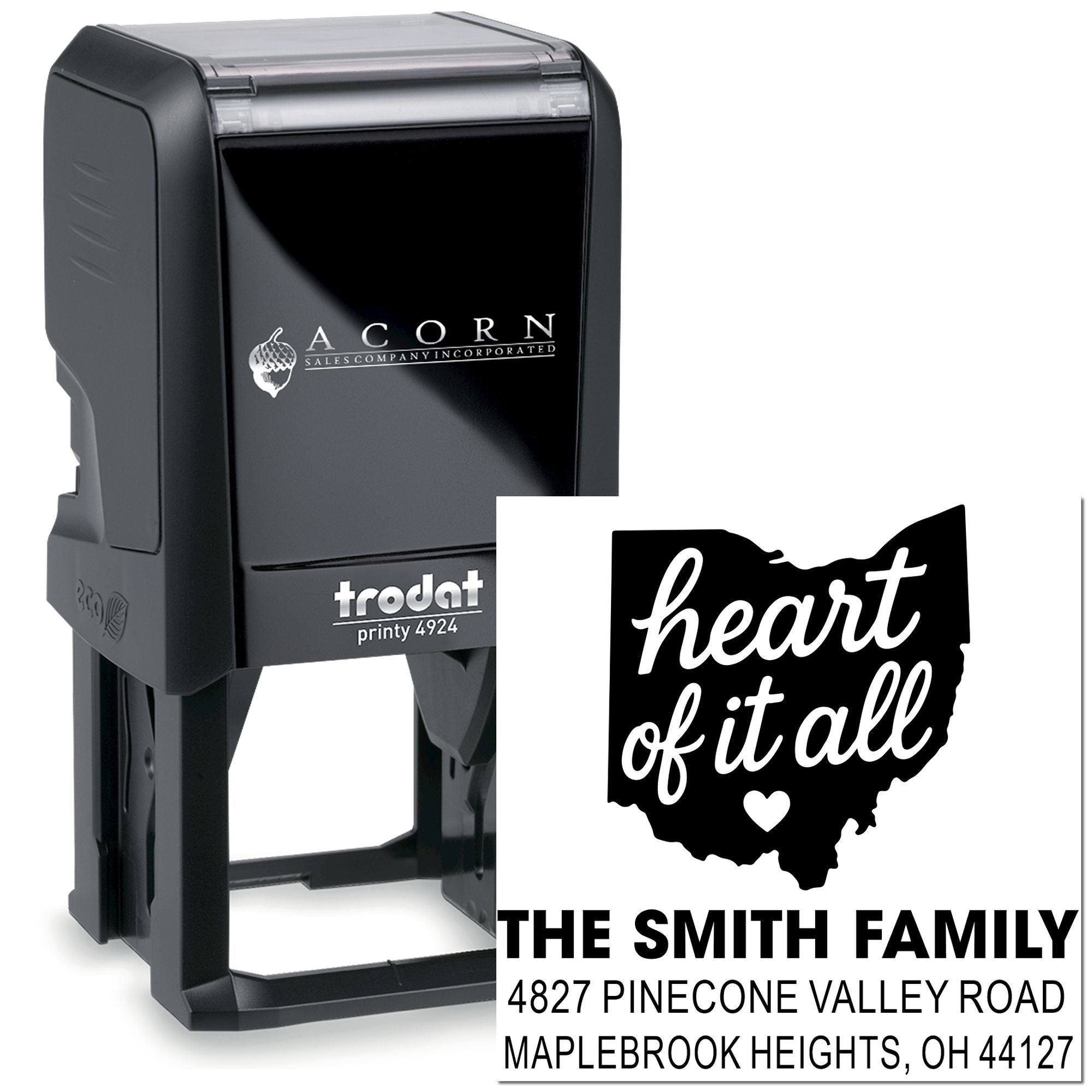 Custom Trodat Printy 4924 self-inking rubber stamp with Ohio heart design and Smith family return address