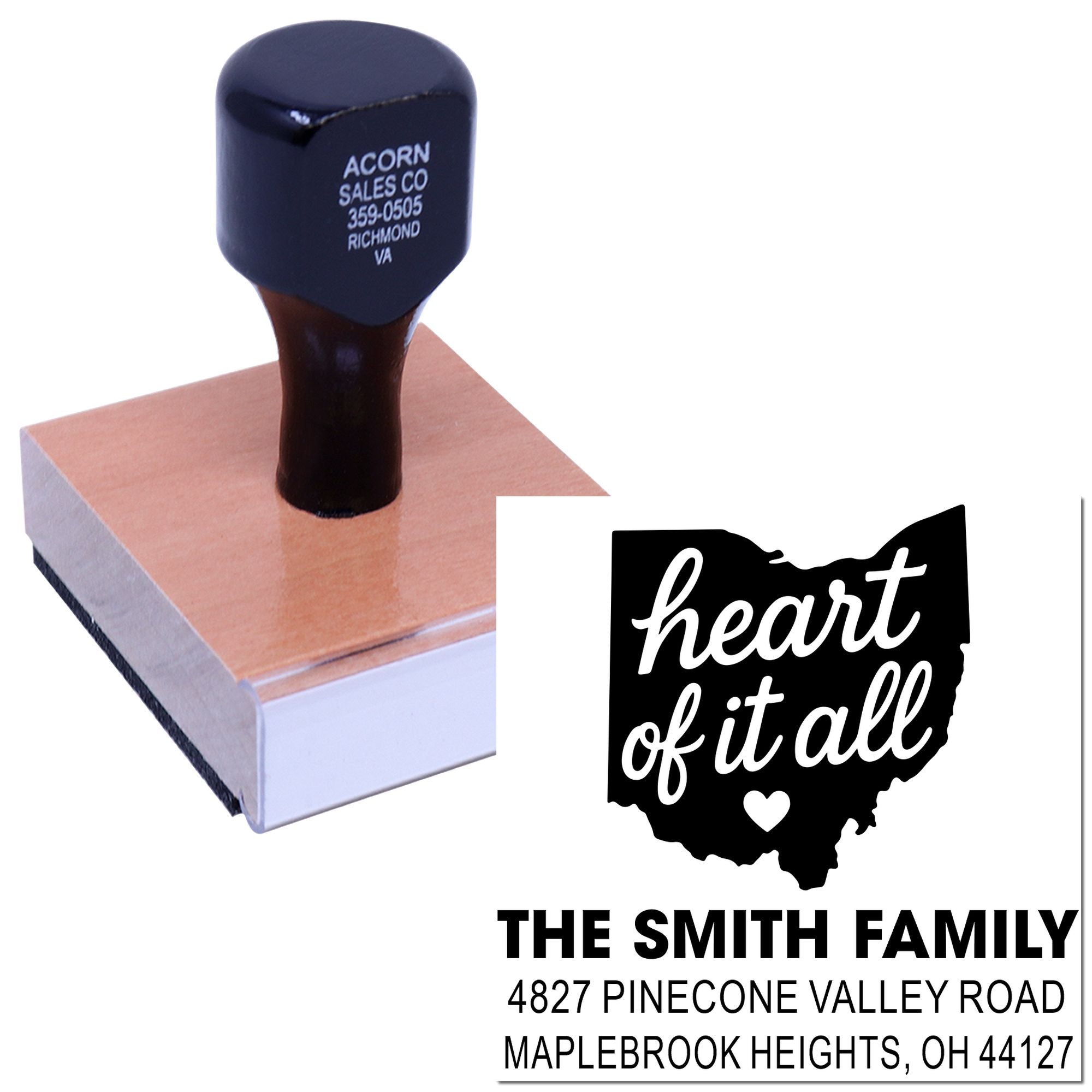 Custom Ohio heart address stamp for The Smith Family, featuring a personalized return address in Maplebrook Heights, OH.