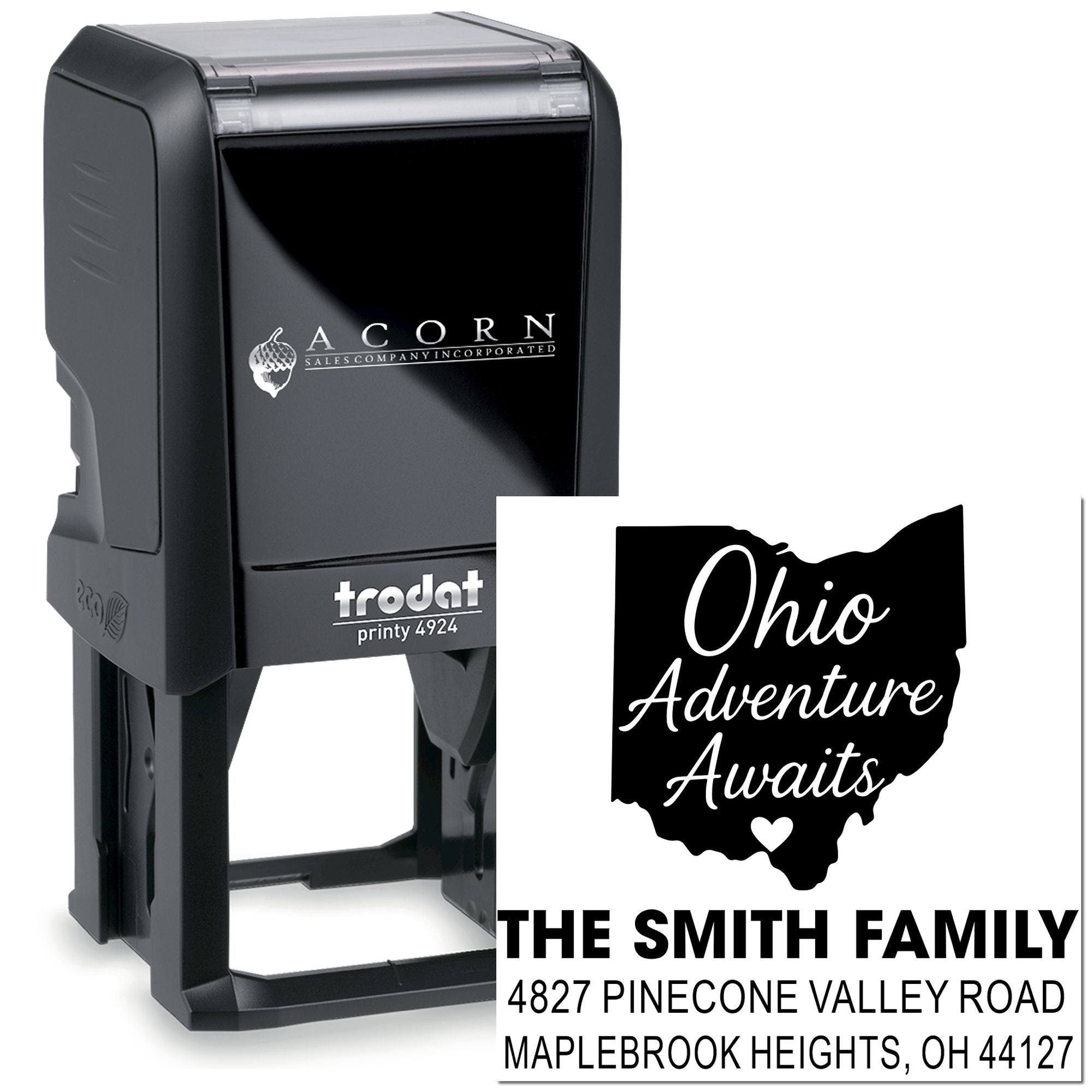 Trodat Printy self-inking rubber stamp with Ohio map design, family name, and address for personalized return mail.