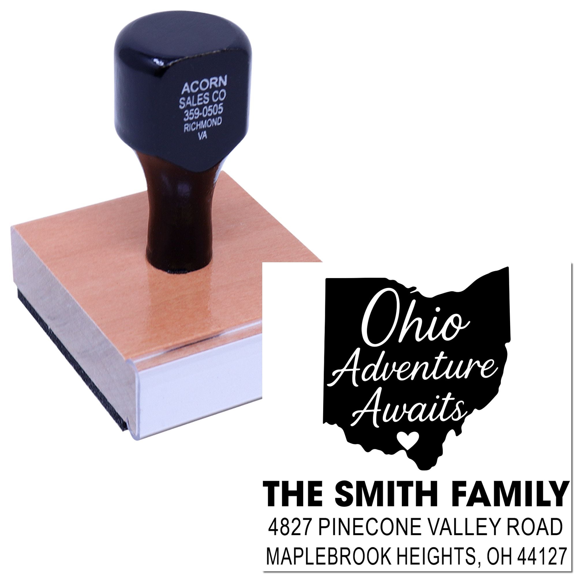 Custom Ohio return address rubber stamp with family name, address, and state design for personalized mailing.